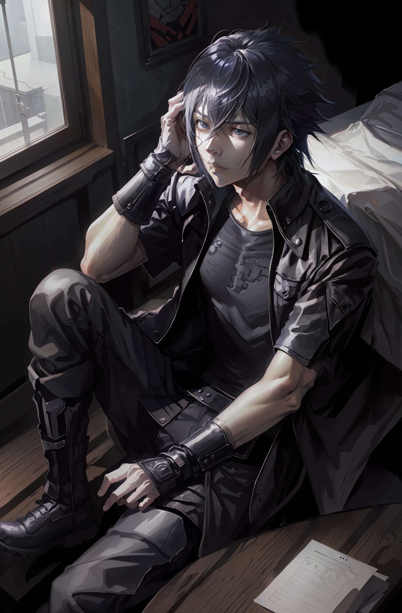 Final Fantasy, Noctis, Chico de anime sentado en una cama con las manos en la cabeza, Hermosa pose de anime, Anime hombre guapo, Personaje masculino de anime, Badass Anime 8K, Arte detallado del personaje de anime, Concepto de anime HDR Anime MacManus, Chico anime, Ikuto Yamashita, Anime CG arte suave, Fondo de pantalla de manga 4 k, inspirado por Yamagata Hiro, Wallaper de anime HD