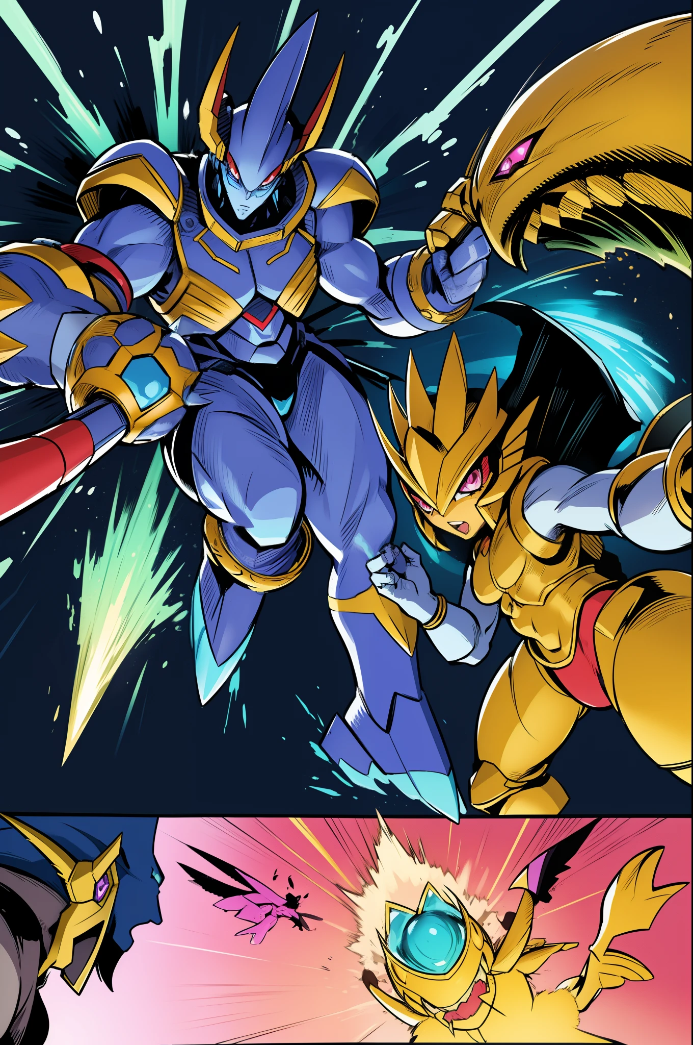 "Powerful barbarian with insect-like angelic armor, reminiscent of Digimon and Guyver, joins forces with a group of sentai heroes. The robot girl with huge breasts adds an overwhelming presence to the scene."
