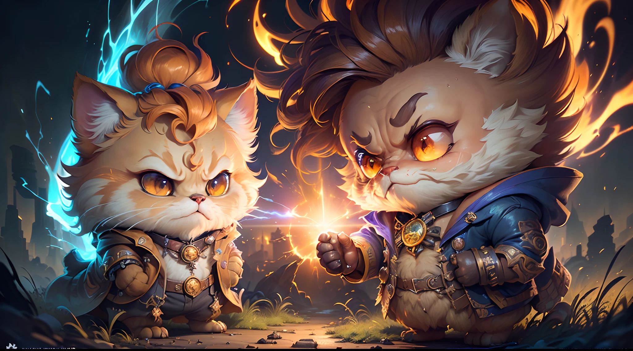 Hyperdetailed Painting, Jean-Baptiste Monge Style, persian cat Anthropomorphic, steampunk ,, , (extremely intricate robes, magical robes orange and purple), (extremely detailed background), ((dynamic background)), ((lightning)), (light rays), ,, , highest quality,, very angry face, body fitness, full body, long hair with braids , at night in the cemetery with fireflies , casting lightning, electricity, swirling fire, radiating power, sparks, smoke, magic, ((dramatic)), epic, battlefield, depth of field, bokeh, 4k, gothic, ember, particles stands imposing in an ancient lost city. Chiseled perfect body, insanely handsome and masculine face. Sunlight highlights his muscles and scars. The scenery is lush and mysterious, with ruins and vegetation. The camera details everything.