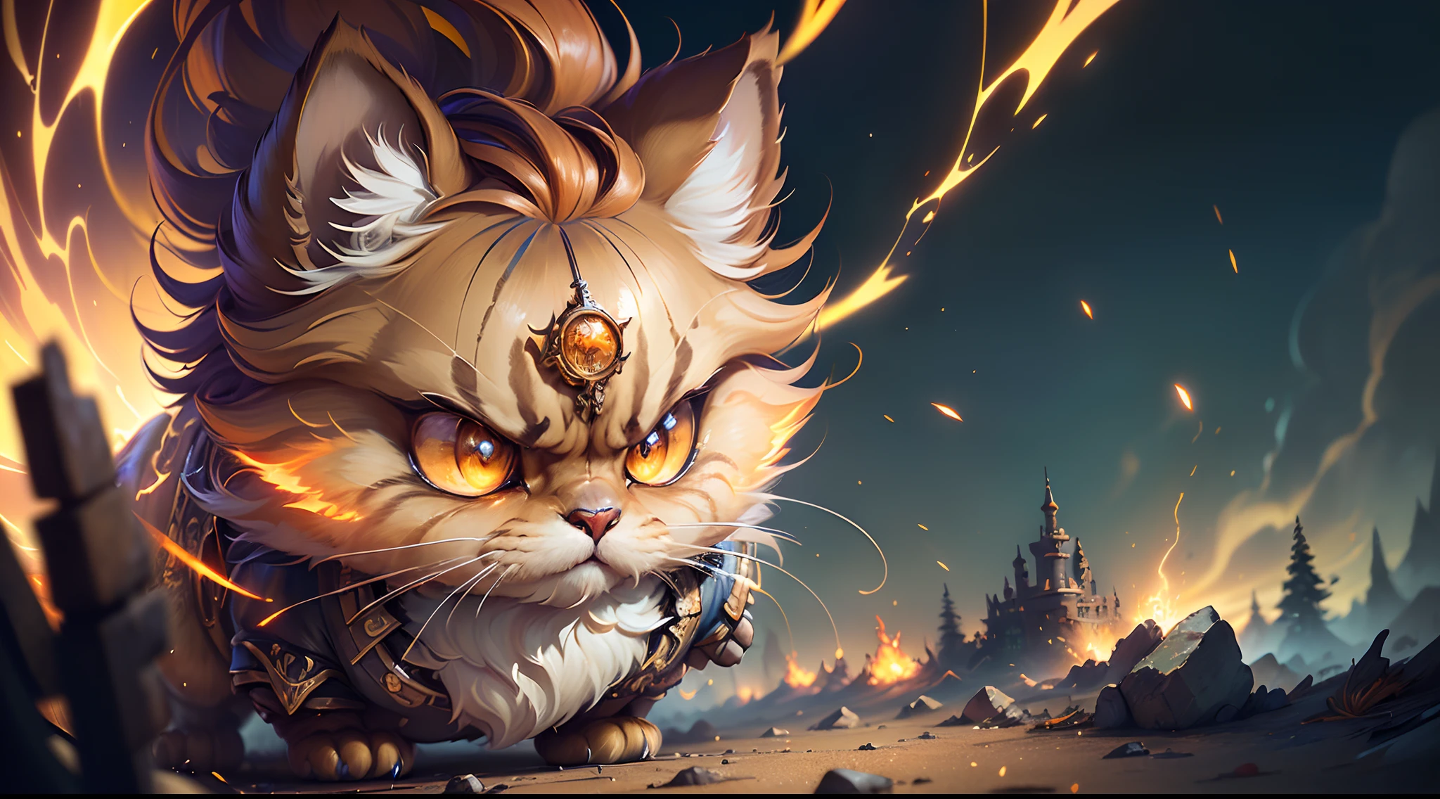Hyperdetailed Painting, Jean-Baptiste Monge Style, persian cat Anthropomorphic, steampunk ,, , (extremely intricate robes, magical robes orange and purple), (extremely detailed background), ((dynamic background)), ((lightning)), (light rays), ,, , highest quality,, very angry face, body fitness, full body, long hair with braids , at night in the cemetery with fireflies , casting lightning, electricity, swirling fire, radiating power, sparks, smoke, magic, ((dramatic)), epic, battlefield, depth of field, bokeh, 4k, gothic, ember, particles stands imposing in an ancient lost city. Chiseled perfect body, insanely handsome and masculine face. Sunlight highlights his muscles and scars. The scenery is lush and mysterious, with ruins and vegetation. The camera details everything.
