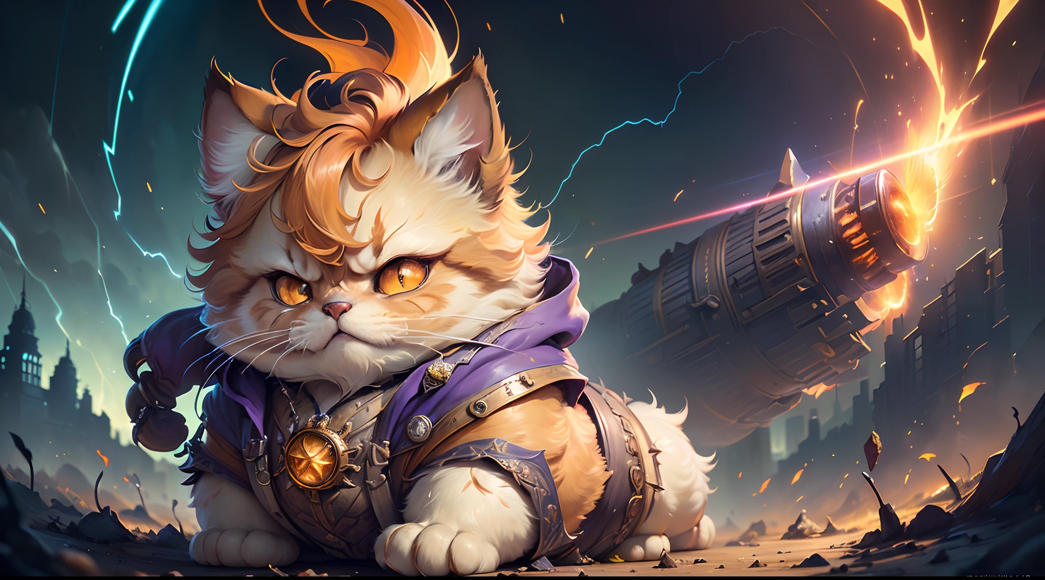 Hyperdetailed Painting, Jean-Baptiste Monge Style, persian cat Anthropomorphic, steampunk ,, , (extremely intricate robes, magical robes orange and purple), (extremely detailed background), ((dynamic background)), ((lightning)), (light rays), ,, , highest quality,, very angry face, body fitness, full body, long hair with braids , at night in the cemetery with fireflies , casting lightning, electricity, swirling fire, radiating power, sparks, smoke, magic, ((dramatic)), epic, battlefield, depth of field, bokeh, 4k, gothic, ember, particles stands imposing in an ancient lost city. Chiseled perfect body, insanely handsome and masculine face. Sunlight highlights his muscles and scars. The scenery is lush and mysterious, with ruins and vegetation. The camera details everything.