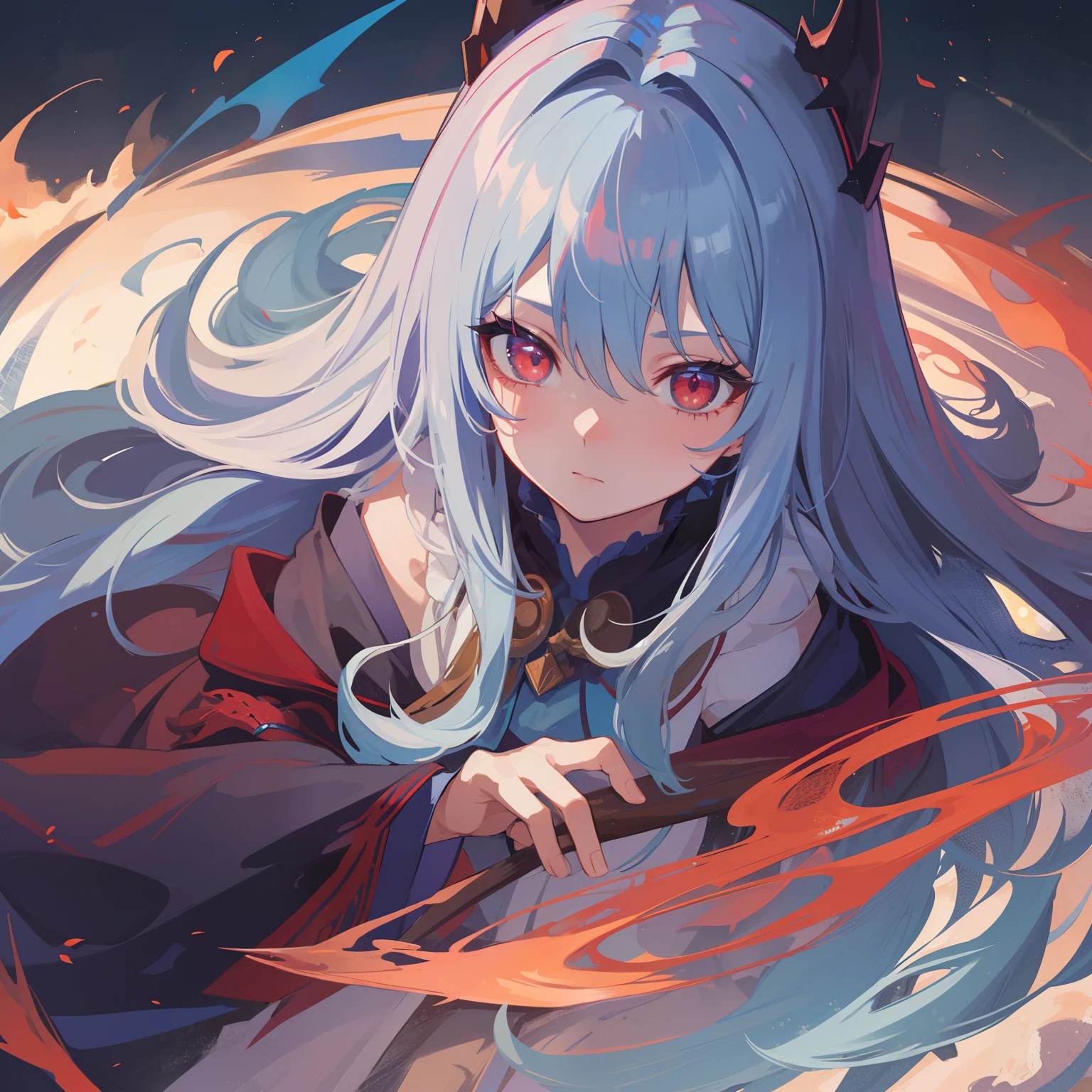 A blue flowing hair girl, red eyes, have dragon horn and deadly dragon white sharp pupils, wear alchemist robe.