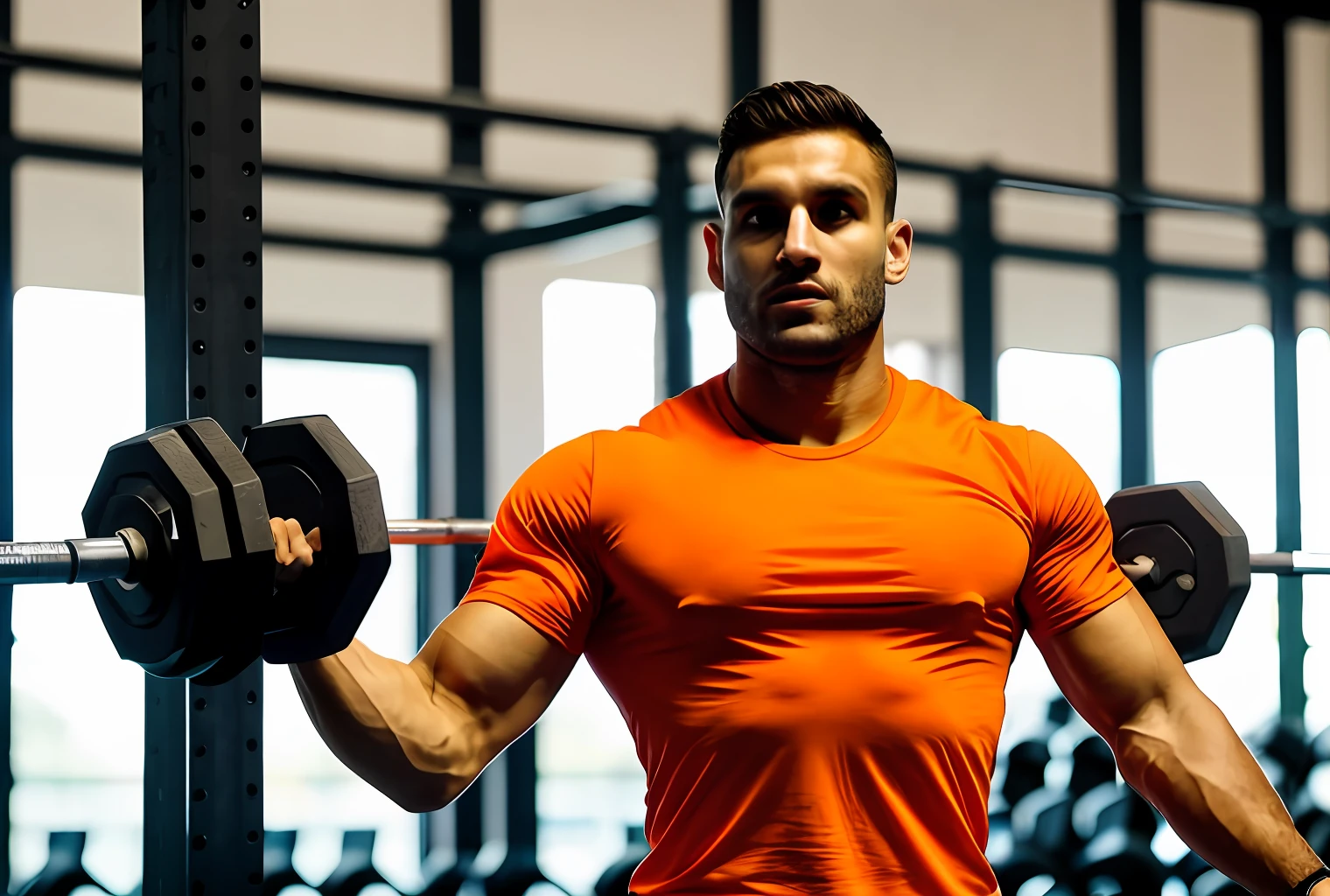 An athletic man is wearing a basic orange T-shirt. Idade 26 anis. He's inside a bodybuilding gym. Rosto evidente bem focado e detalhado. Olhos bonitos