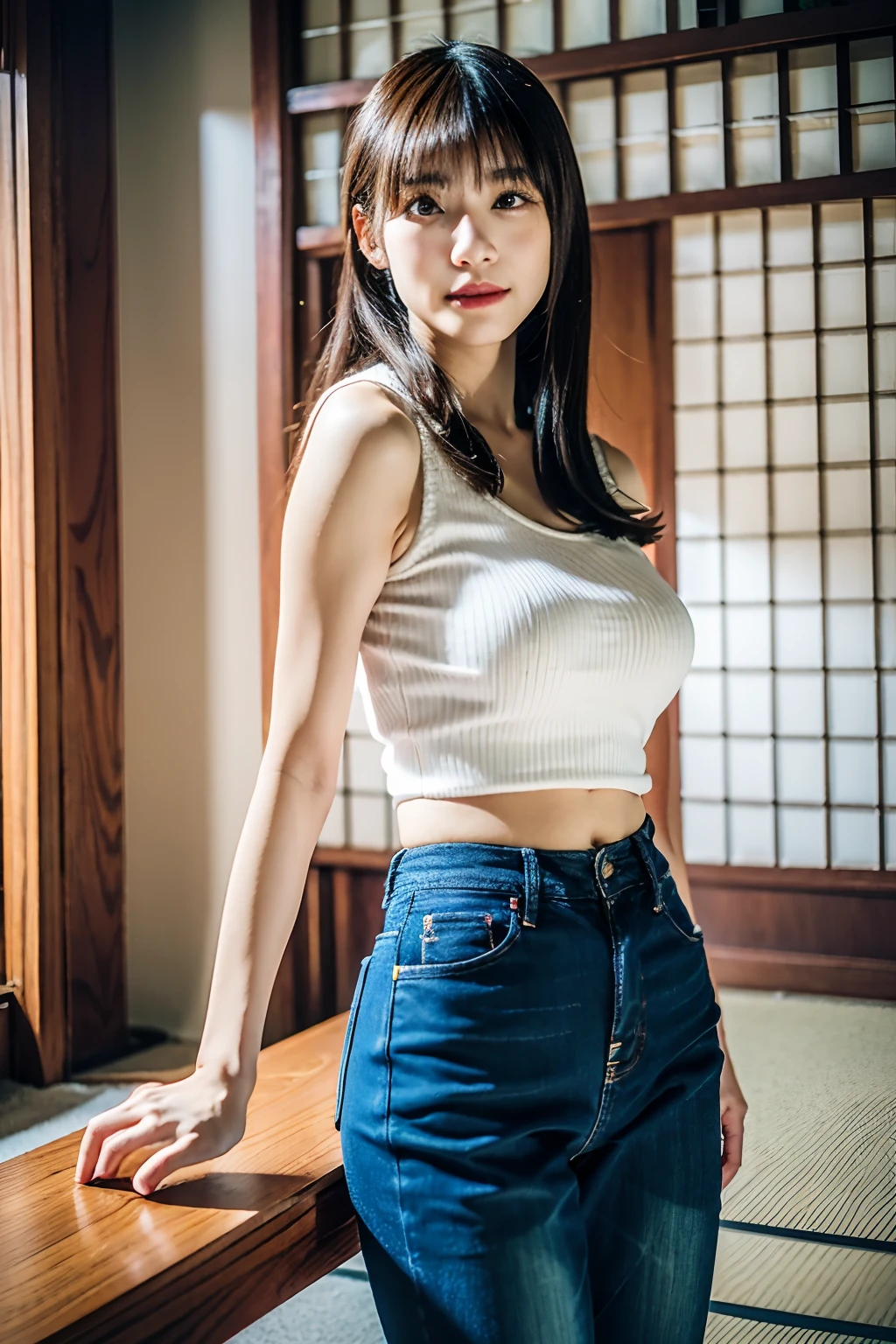 Best Quality ,masutepiece,超A high resolution,(photographrealistic:1.4), 1 girl, Looking at Viewer, Very beautiful,kawaii, Cinematic, 35mm lens, F/ 1. 8, Accent Lighting, 8K, in Japan, huge-breasted, Big Tits, Slender waist, Underwear and jeans