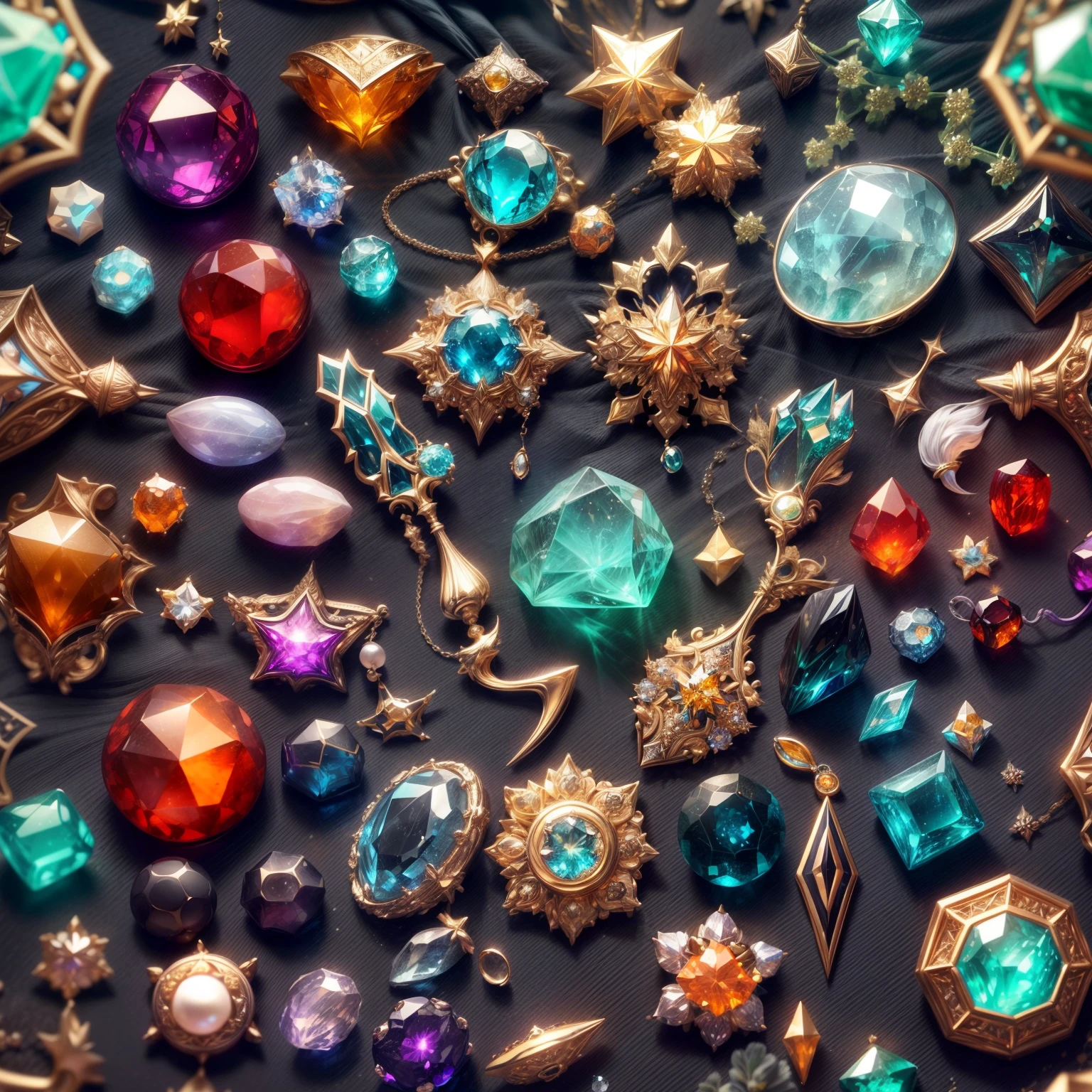 (Stellaris wind:1.2),(Full Focus:2),(Everything is laid out in a display case:1.3),(colored gems|SakuraNS|Printed silk products|medal|ore|obsidian|pearls|Emeraude|white jade|amethyst|sapphires|Gold products|Silver products|Purple gold|Magical jewelry|antiquarian|Red Jewel|Orange gemstones|Blue gemstones|topaz|:2),Magic symbols,Magic light particle effect,High-tech luxury, High-value jewelry,,High-value metals,luxury goods,Puzzles are prohibited, Detailed and complex background, glittery, reflective light, hyper HD, Award-Awarded, A high resolution, High detail, Chiaroscuro, Cinematic lighting, Masterpiece, Ray traching,structurally correct, Super detail, High quality, High details, Best quality, 16k
