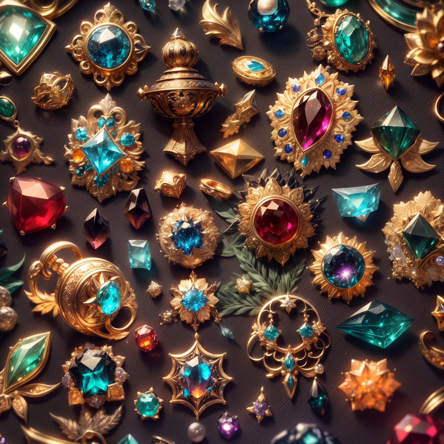 (Stellaris wind:1.2),(Full Focus:2),(Everything is laid out in a display case:1.3),(colored gems|SakuraNS|Printed silk products|medal|ore|obsidian|pearls|Emeraude|white jade|amethyst|sapphires|Gold products|Silver products|Purple gold|Magical jewelry|antiquarian|Red Jewel|Orange gemstones|Blue gemstones|topaz|:2),Magic symbols,Magic light particle effect,High-tech luxury, High-value jewelry,,High-value metals,luxury goods,Puzzles are prohibited, Detailed and complex background, glittery, reflective light, hyper HD, Award-Awarded, A high resolution, High detail, Chiaroscuro, Cinematic lighting, Masterpiece, Ray traching,structurally correct, Super detail, High quality, High details, Best quality, 16k