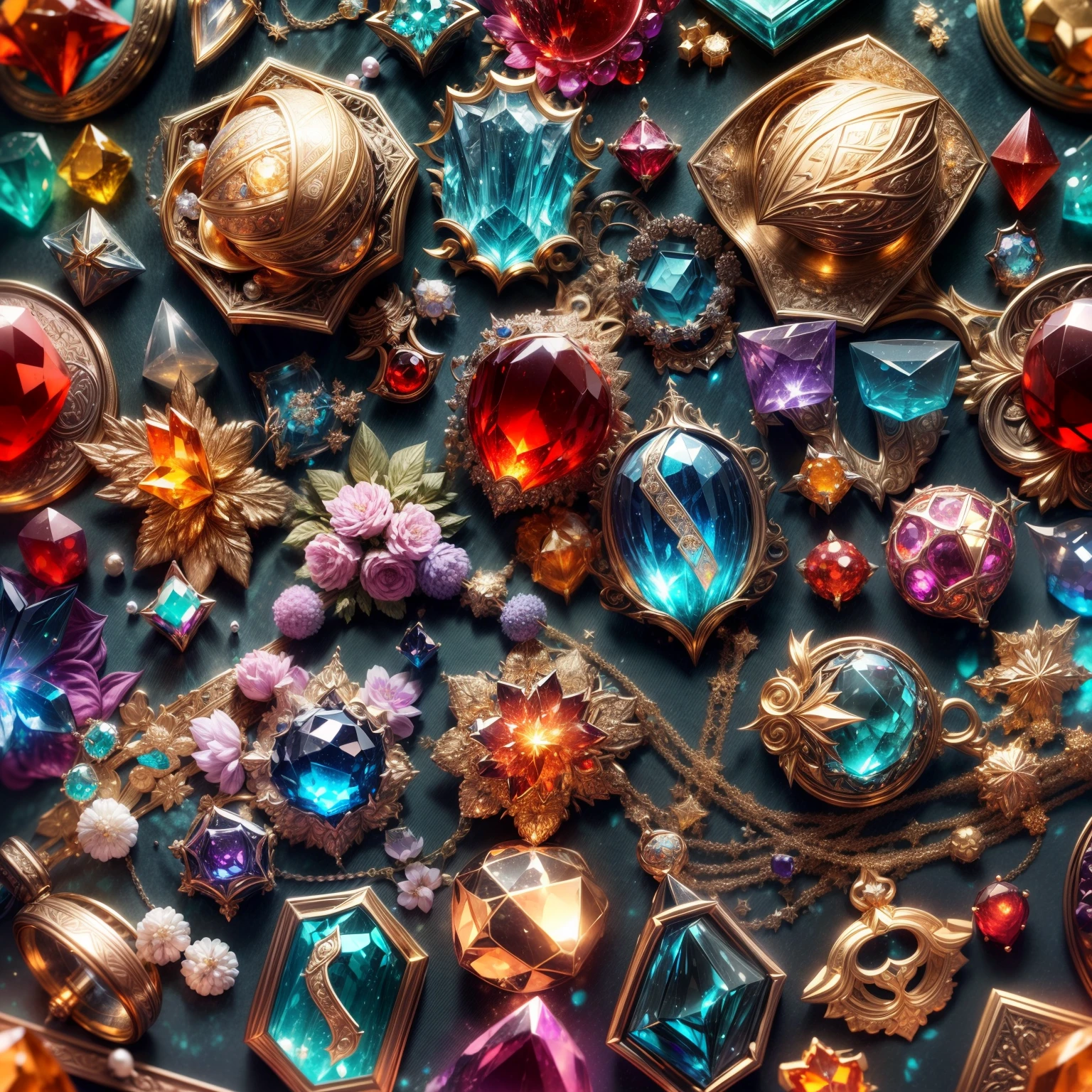 (Stellaris wind:1.2)，(Full Focus:2),(Everything is laid out in a display case:1.3)，(colored gems|SakuraNS|Printed silk products|medal|ore|obsidian|pearls|Emeraude|white jade|amethyst|sapphires|Gold products|Silver products|Purple gold|Magical jewelry|antiquarian|Red Jewel|Orange gemstones|Blue gemstones|topaz|:2)，Magic symbols，Magic light particle effect，High-tech luxury， High-value jewelry,，High-value metals，luxury goods，Puzzles are prohibited, Detailed and complex background, glittery, reflective light, hyper HD, Award-Awarded, A high resolution, High detail, Chiaroscuro, Cinematic lighting, Masterpiece, Ray traching，structurally correct, Super detail, High quality, High details, Best quality, 16k