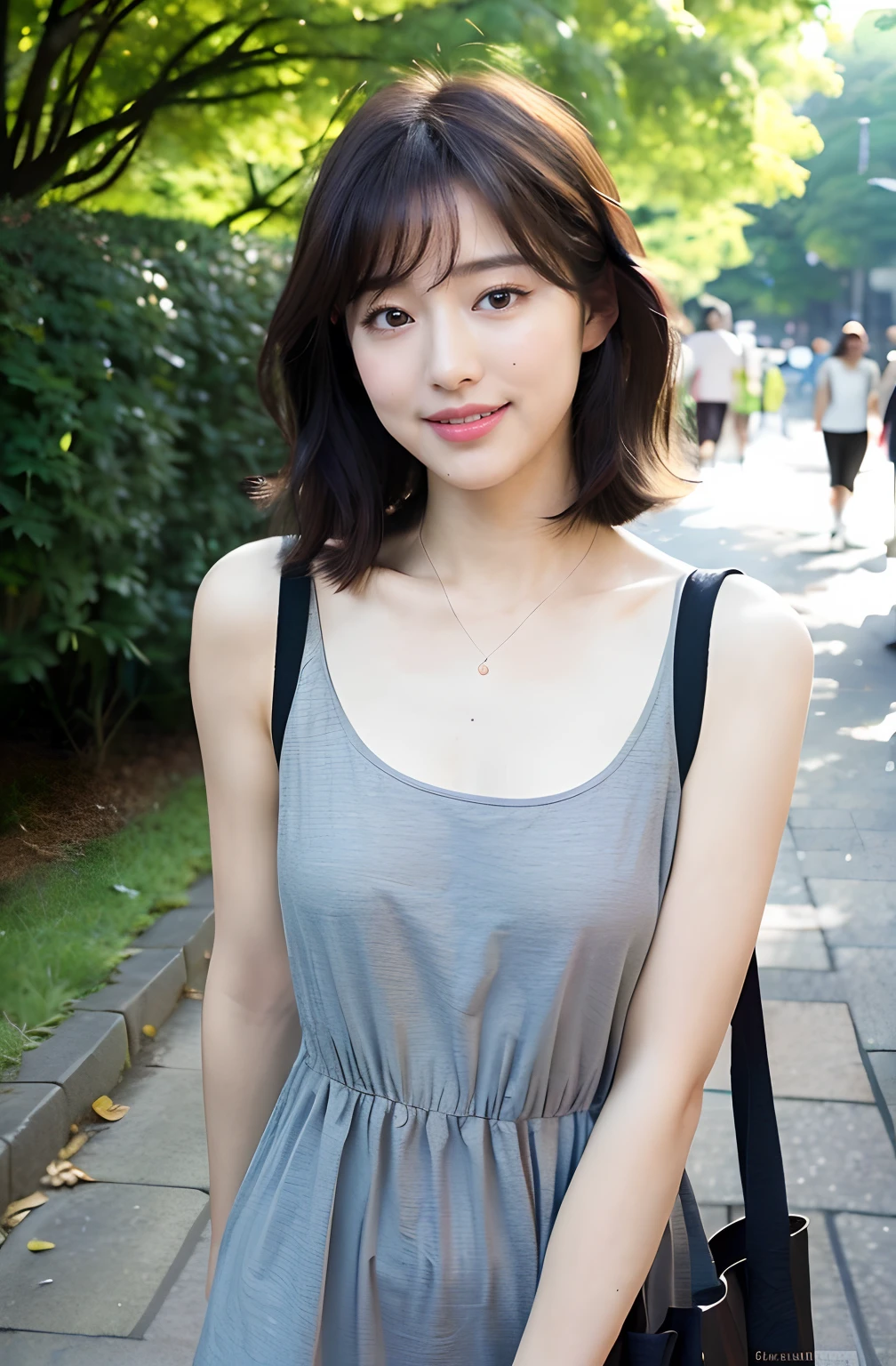 ((8K:1.27)、top-quality、​masterpiece、超A high resolution:1.2)Photo Beautiful Japan woman(pleasing:1.1) Elegance、There is a good、Gradient lighting、1girl in、Delicate skin、SLR、Look here、Brown-eyed、(short hair with bangs:1.2)、(breasts are small:1.0)、(medium areola:0.8)、(realisitic:1.4)、(top-quality:1.0)、(超A high resolution:1.0)、8K、Raw photography、(​masterpiece:0.2)、(pureerosface_v1:0.5）、Camisole dress、Thin shoulder straps、grey Clothes、Kamimei、Colossal tits、excited expressions、Red cheeks、want me、Staring at this、Morning park、Undersized breasts、college、University、erect through、The University of Tokyo、square、subject、look down from above、Lean、、Laugh、Watched、a necklace、Tote bag The morning sun on campus is dazzling、
