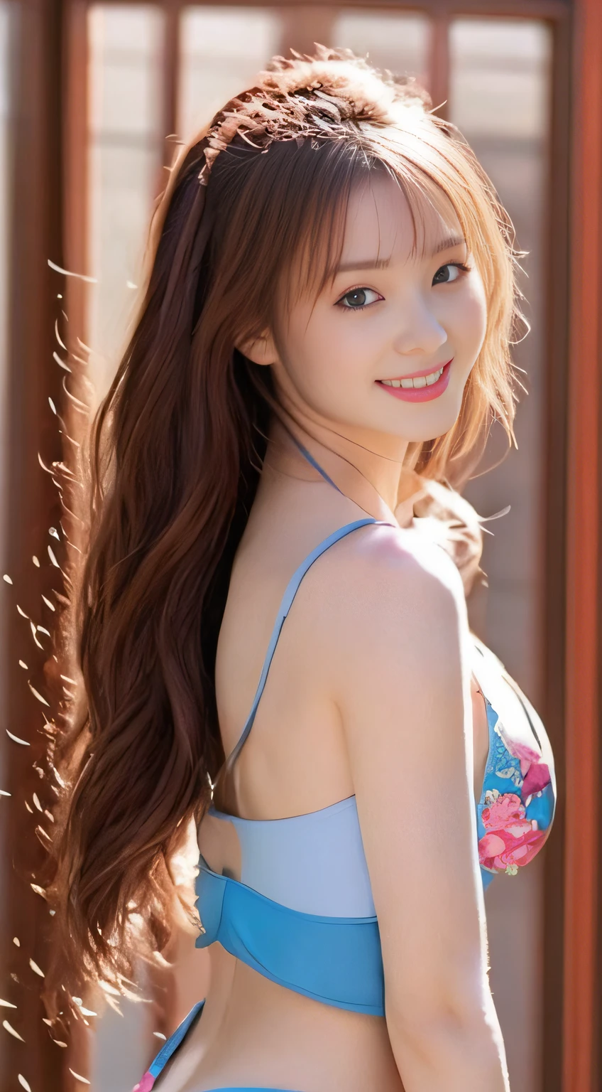 top-quality。8K-Picture。hight resolution。The background is a vast ocean。girl with。Long wavy hair。The color is pink。Beautiful Women in Perfect Style。Very delicately drawn face and skin texture。((Colossal tits:1.4))。Thin abs。((Slender Big Sister:1.4))。Depicted the whole body in detail。Pretty eyes。Crisp double eyelids。A perfect!Shot in colorful bikini。Blue eyes。
