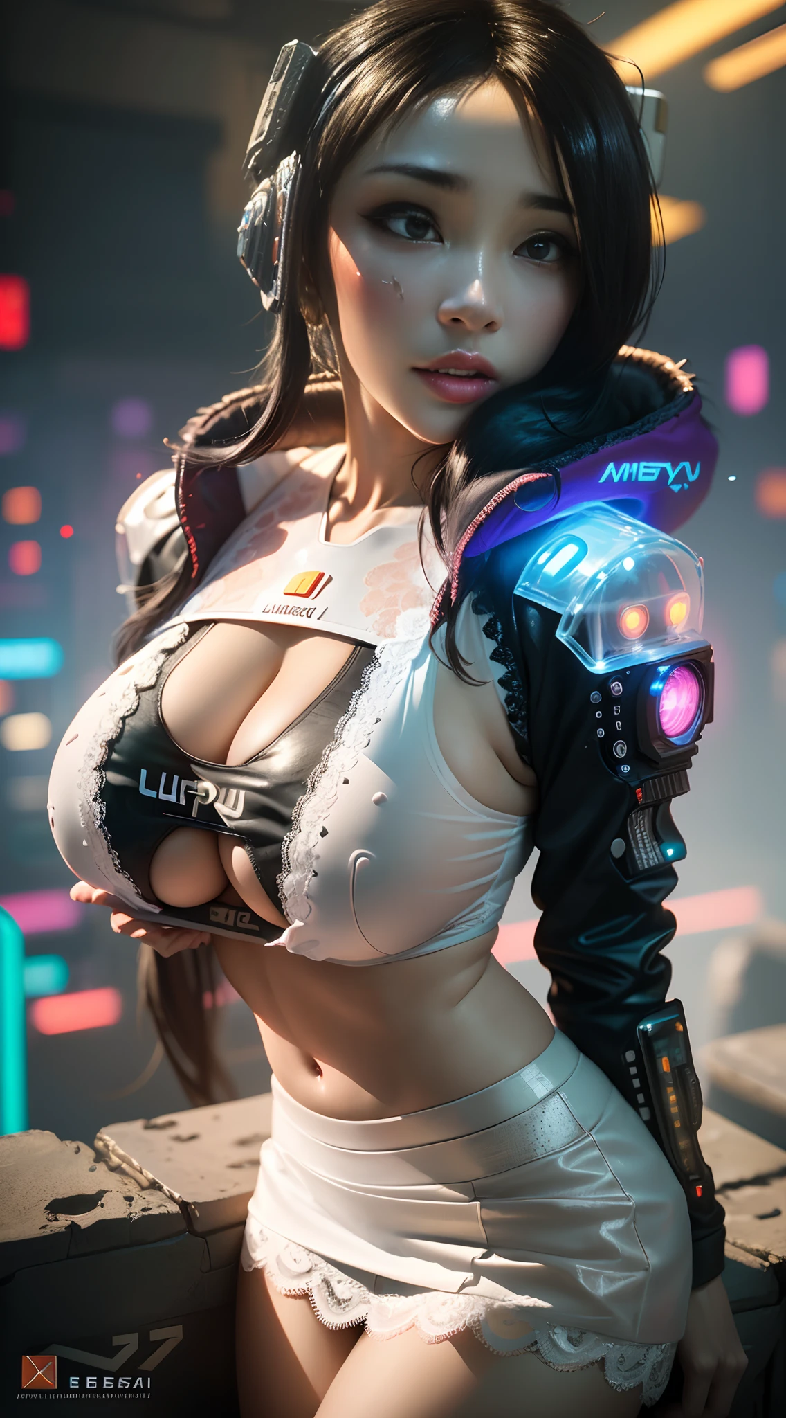 ((Best quality)), ((masterpiece)), (highly detailed:1.3), 3D, beautiful, (cyberpunk:1.6), in space, nebula, (holding_weapon:1.3), laser, (1Female mecha:1.3), sexy body, facing the audience, Glowing eyes, full body, (flying, swooping down, dynamic, motion blur: 1.4), (huge mech wings: 1.6), looking up, glowing_eyes, mecha, panorama, background is earth, nebula, space, particles, Reality, HDR (High Dynamic Range), Ray Tracing, NVIDIA RTX, Super Resolution, Unreal 5, Subsurface Scattering, PBR Textures, Post Processing, Anisotropic Filtering, Depth of Field, Maximum Clarity and Clarity, Multilayer Textures, Albedo and Specular maps, Surface shading, accurate simulation of light-material interaction, perfect proportions, Octane Render, two-tone lighting, large aperture, low ISO, white balance, rule of thirds, 8K RAW, efficient sub-pixel, sub-pixel volume product, (best quality),(Japanese:0.5),(korean:0.8), (Liu Yi Fei:1.5) long hair, (big breast:1.2),(underboob:1.5), (white transparent lace mini skirt:1.5)