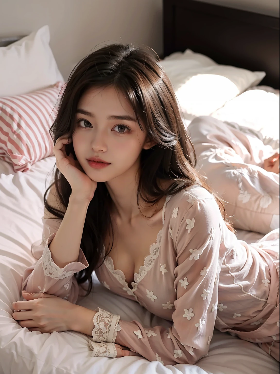 1 beautiful girl,Wear lace pajamas，Lie down on the soft bed,hair messy，Disheveled clothes，revealing lower body，Soft light