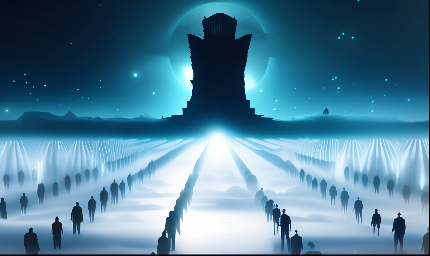 a group of people standing on the clouds with a light shining on them, Spirits facing a great white throne.  many beings walking about, seres de estrutura espantosa, High Definition Image. 8k