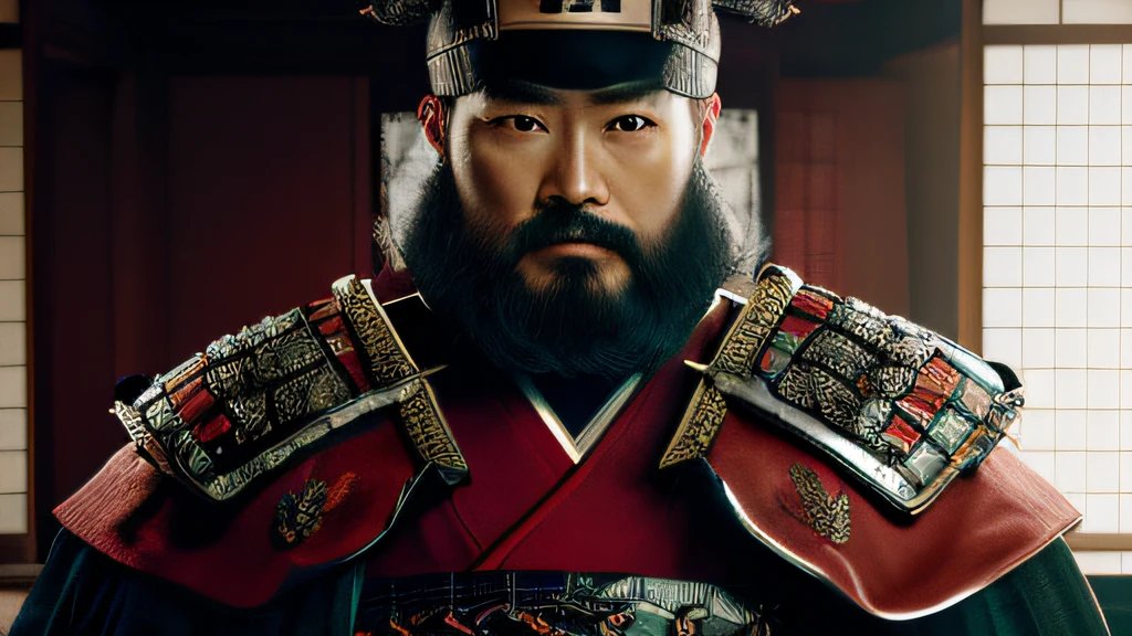 Japanese male samurai, Classic Samurai, elmo, Velho com barba, forte, pose de luta, Espada japonesa, Sakuras voando por, vermelho, portanto, Branco. best quality, 8k, master part.