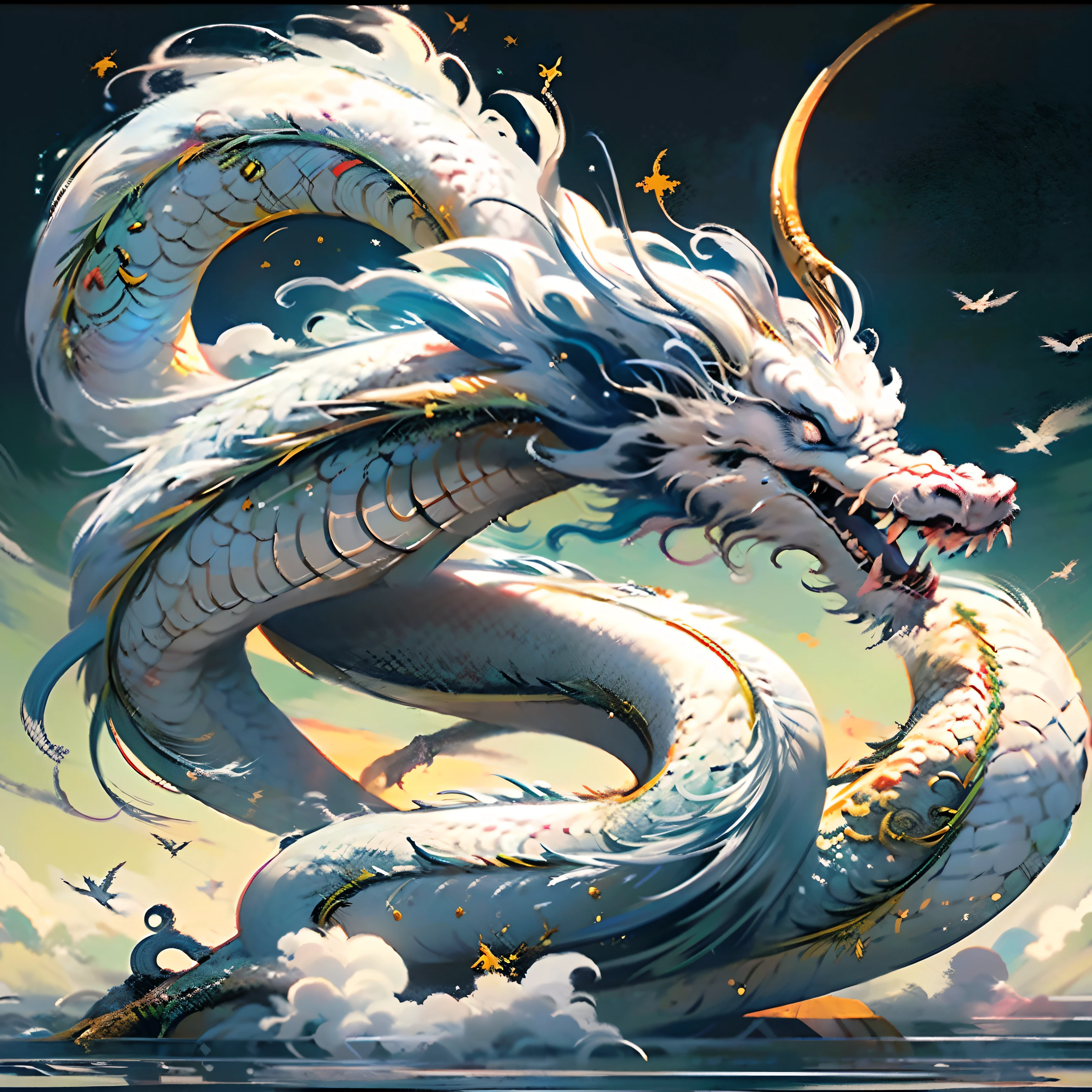 A close up of a dragon with a long tail on a body of water - SeaArt AI