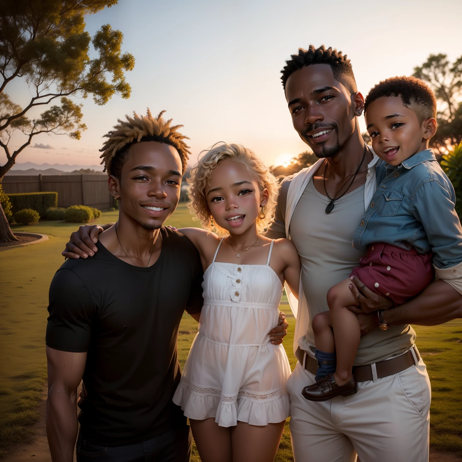 Family having fun in the backyard. Homem de 55 anos de idade sorrindo. Black child and blond teenager. Por do sol. Hiper realista.