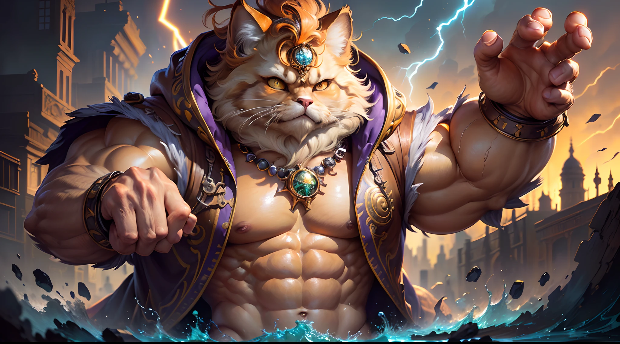 Hyperdetailed Painting, Jean-Baptiste Monge Style, persian cat Anthropomorphic, steampunk ,, , (extremely intricate robes, magical robes orange and purple), (extremely detailed background), ((dynamic background)), ((lightning)), (light rays), ,, , highest quality,, very angry face, body fitness, full body, long hair with braids , stands imposing in an ancient lost city. , stands imposing in an ancient lost city. Chiseled perfect body, insanely handsome and masculine face. Sunlight highlights his muscles and scars. The scenery is lush and mysterious, with ruins and vegetation. The camera details everything.