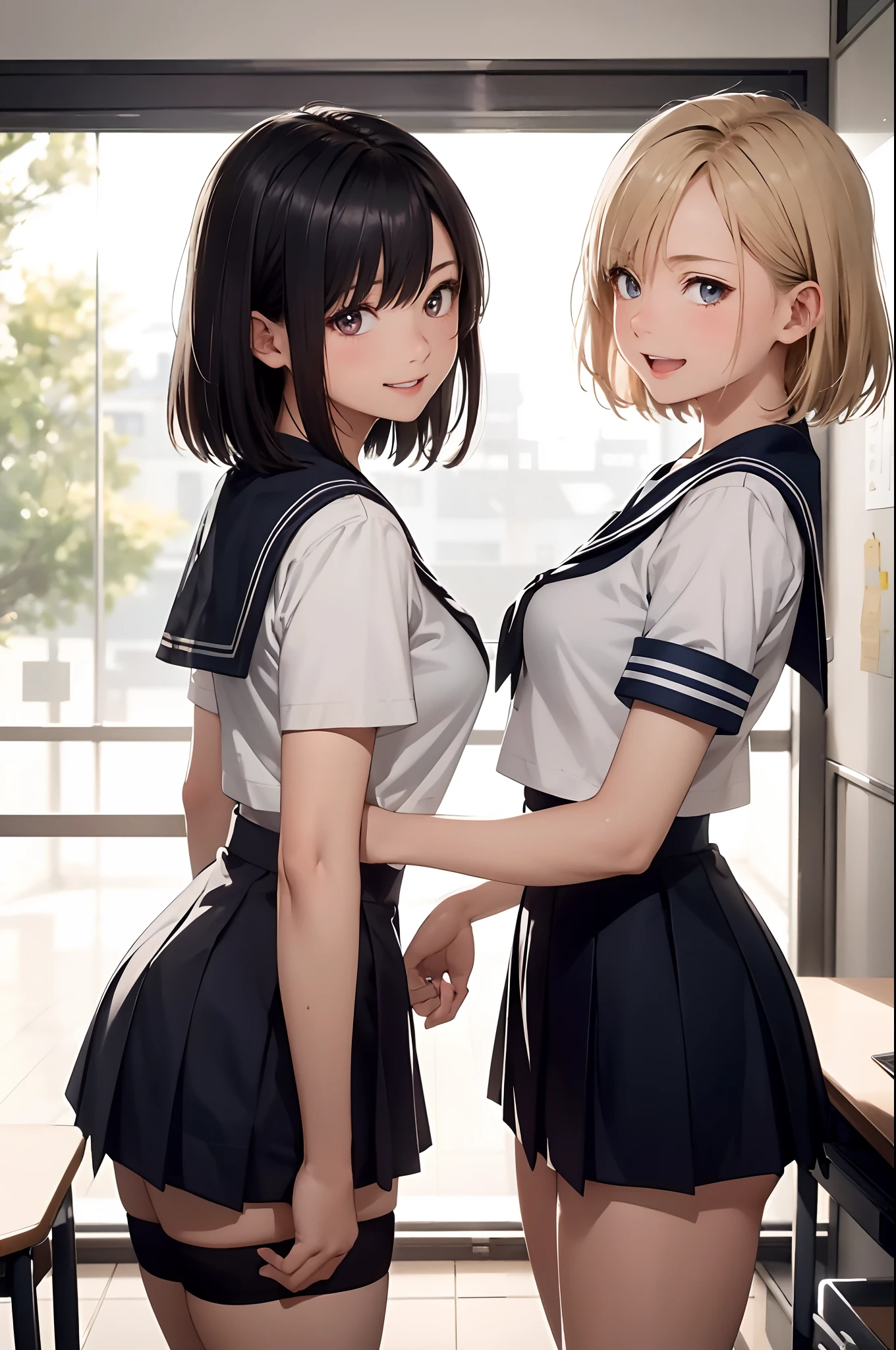 (top-quality、in 8K、32K、masterpiece、nffsw、超A high resolution、Impresionismo、Photorealsitic:1.2)、Colossal tits、cowboy shot, detailed faces and eyes、 Inside the classroom、Schools、Evening glow、beauitful face、blurry backround、-yeld beiful girl、shinny skin、short-hair、Beautiful black hair、Red Eyes、(Katyusha:1.2)、a sailor suit、Pleated miniskirt、Curve、dynamicposes、Smile with open mouth、Two girls、Same uniform、the kiss、