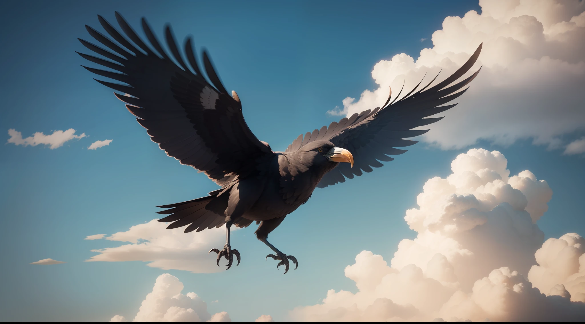a crow flying happily in the clouds realistic 8k