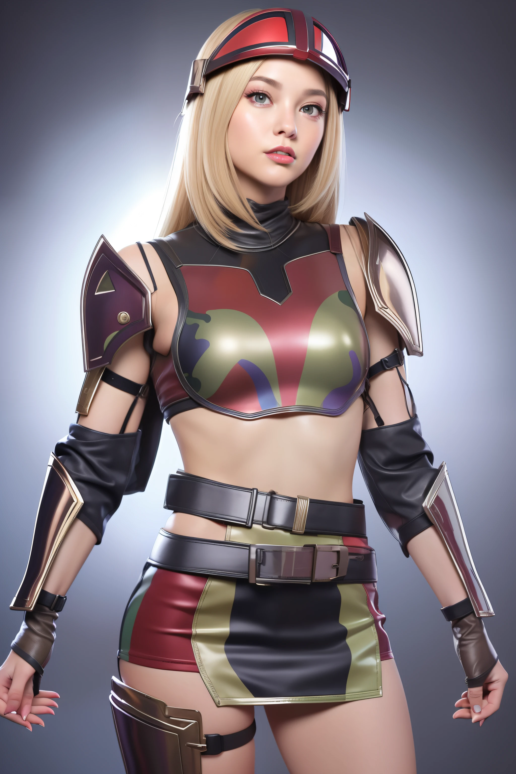 Beautiful Face Woman、a blond、Rainbow camouflage pattern background、 Beautuful Women、18year old、prety woman、hyper realistic photography、High-definition photos、red lipsticks、Mandalorian style miniskirt suit in metal armor、The skin is not very exposed、Do not cut your head off the screen、Camouflage skirt、Facing the front、