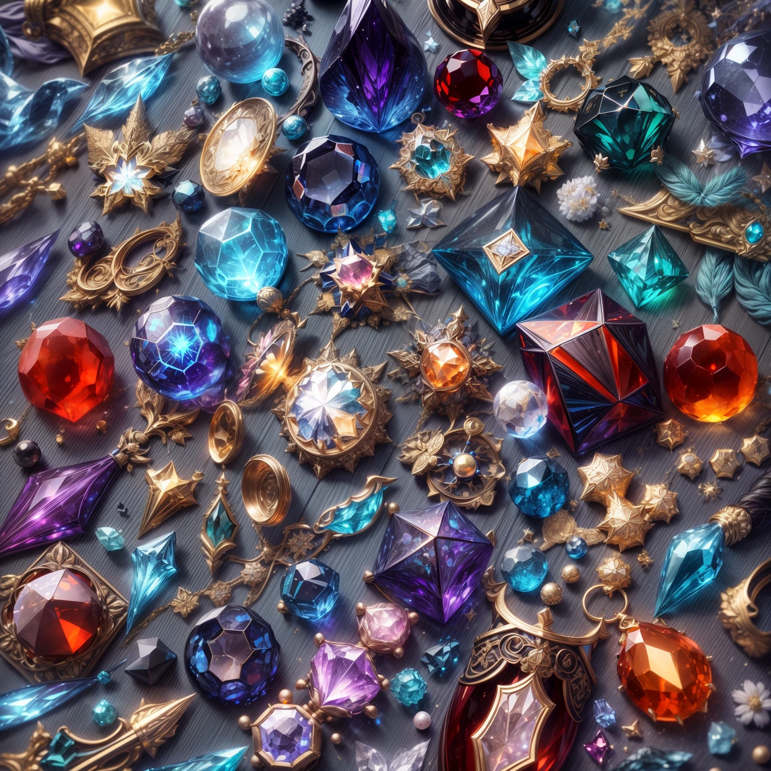 (Christian style:1.2)，(Full Focus:2),(Everything is laid out in a display case:1.3)，(magic item|Colorful gemstones|SakuraNS|Printed silk products|medal|ore|obsidian|pearls|Emeraude|white jade|amethyst|sapphires|Gold products|Silver products|Purple gold|Magical jewelry|antiquarian|Red Jewel|Orange gemstones|Blue gemstones|topaz|:2)，Magic symbols，Magic light particle effect，High-tech luxury， High-value jewelry,，High-value metals，luxury goods，Puzzles are prohibited, Detailed and complex background, glittery, reflective light, hyper HD, Award-Awarded, A high resolution, High detail, Chiaroscuro, Cinematic lighting, Masterpiece, Ray traching，structurally correct, Super detail, High quality, High details, Best quality, 16k