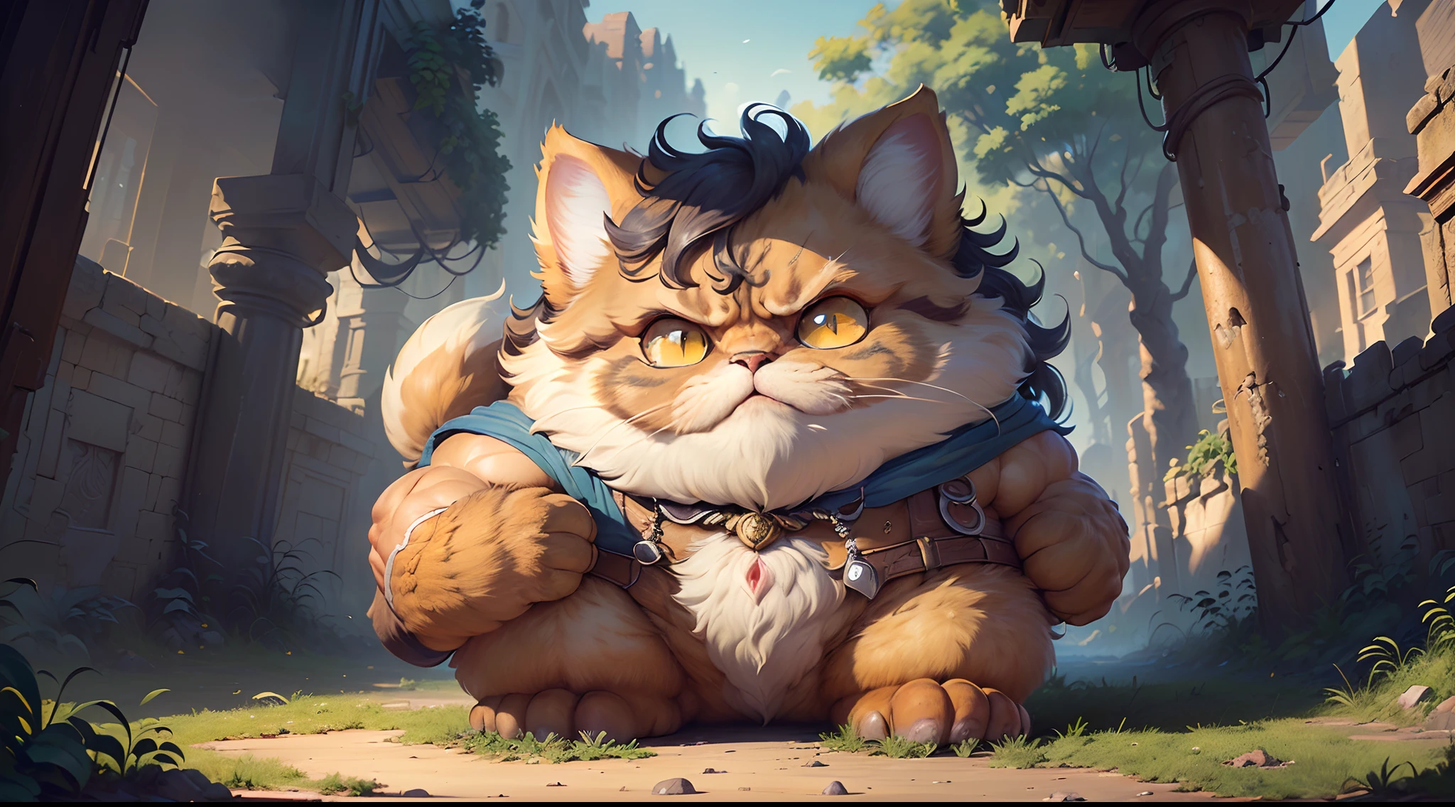 Hyperdetailed Painting, Jean-Baptiste Monge Style, persian cat Anthropomorphic, stands imposing in an ancient lost city. Chiseled perfect body, highest quality,, very angry face, body fitness, full body, long hair with braids . Sunlight highlights his muscles and scars. The scenery is lush and mysterious, with ruins and vegetation. The camera details everything.