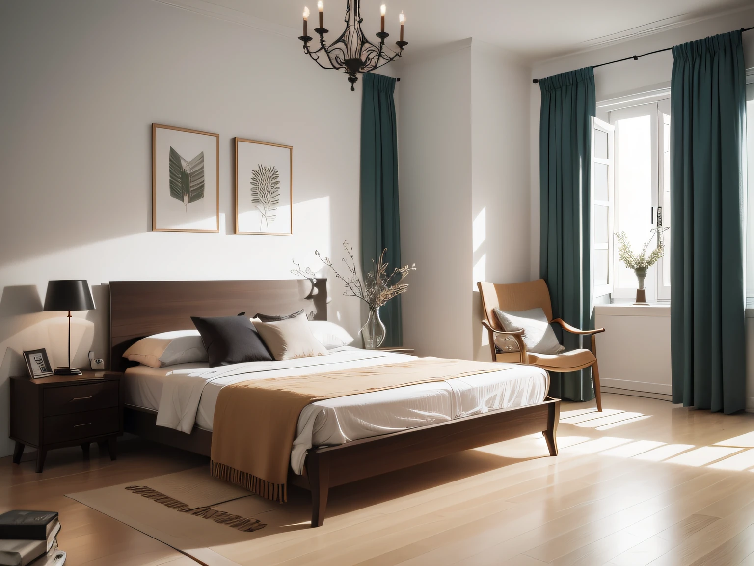 quarto de casal Estilo Escandinavo caracterizado por cores claras e neutras, abundance of natural light, design funcional e minimalista, uso de materiais naturais e toques de aconchego. elegant spaces, Welcoming and practical, providing a sense of well-being and serenity inspired by the Scandinavian way of life. Use cobertores, Capacho tapetes e velas. inspired by the Nordic countries, as Sweden, Noruega, Denmark and Finland. materiais naturais, like cotton, linho, wool, couro, e madeira que adicionam textura e conforto aos ambientes.