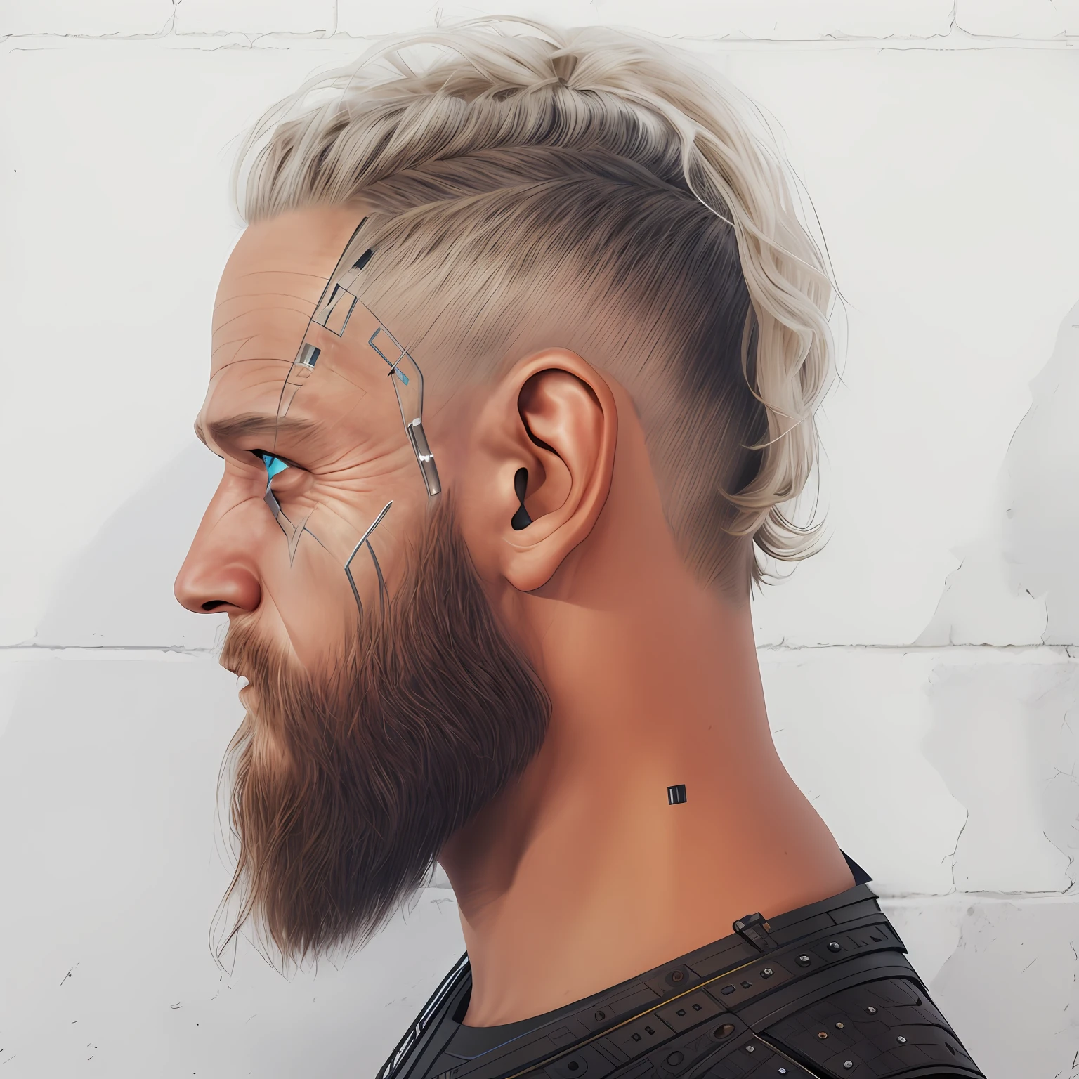 Realistic image of a half-cybernetic Viking person with his face sideways