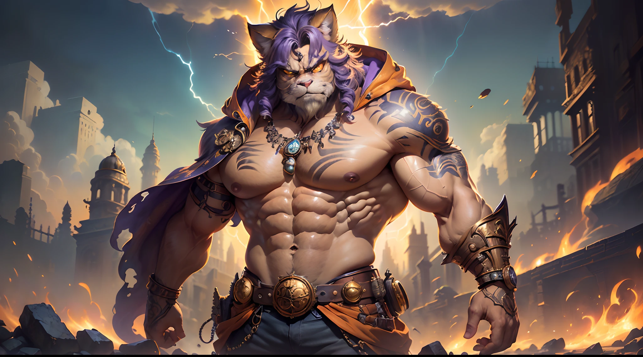 Hyperdetailed Painting, Jean-Baptiste Monge Style, persian cat Anthropomorphic, steampunk ,, , (extremely intricate robes, magical robes orange and purple), (extremely detailed background), ((dynamic background)), ((lightning)), (light rays), ,, , highest quality,, very angry face, body fitness, full body, long hair with braids , stands imposing in an ancient lost city. , stands imposing in an ancient lost city. Chiseled perfect body, insanely handsome and masculine face. Sunlight highlights his muscles and scars. The scenery is lush and mysterious, with ruins and vegetation. The camera details everything.