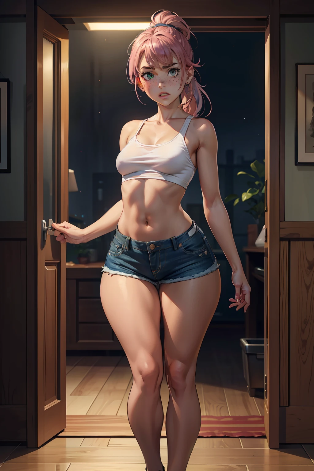 highres, masterpiece, perfect lighting, bloom, night, dark, cinematic lighting, adult, female, looking at viewer, full body, feet out of frame, (RSEEmma:1.5),(small breasts:1.4), micro shorts, denim shorts, wide hips, thick thighs, blunt bangs, black hair:pink hair, messy mid ponytail, green eyes, thick eyebrows, freckles, full lips, concerned, shocked, surprised, blushing,