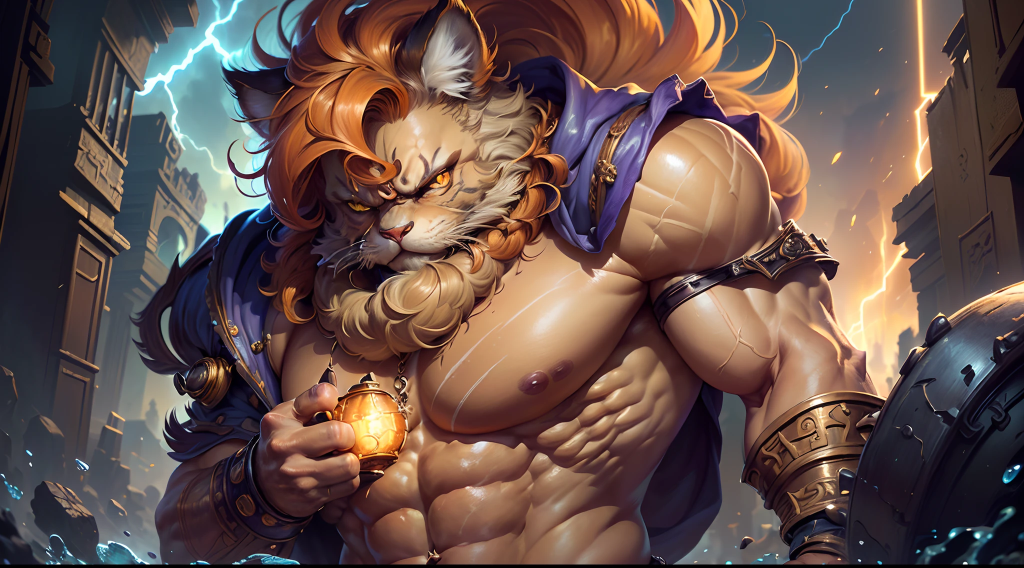 Hyperdetailed Painting, Jean-Baptiste Monge Style, persian cat Anthropomorphic, steampunk ,, , (extremely intricate robes, magical robes orange and purple), (extremely detailed background), ((dynamic background)), ((lightning)), (light rays), ,, , highest quality,, very angry face, body fitness, full body, long hair with braids , stands imposing in an ancient lost city. ,  stands imposing in an ancient lost city. Chiseled perfect body, insanely handsome and masculine face. Sunlight highlights his muscles and scars. The scenery is lush and mysterious, with ruins and vegetation. The camera details everything.