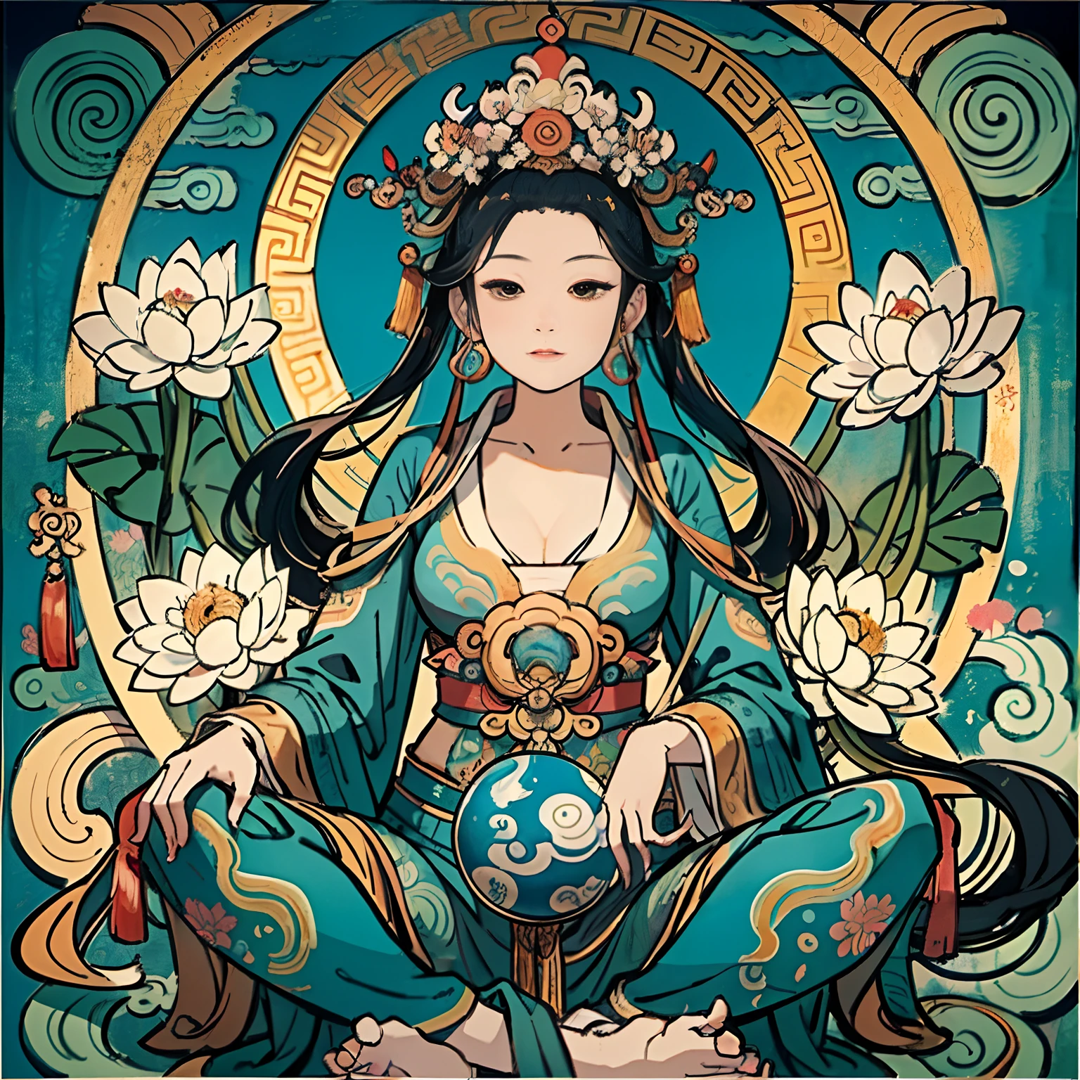 an ancient Chinese goddess, guanyin of the southern seas, Guanyin, Inspired by India, Avalokiteshvara，,Serene expression,shui mo hua,Buddha,Buddhist,Lotus,Chinese painting style,Thangka style