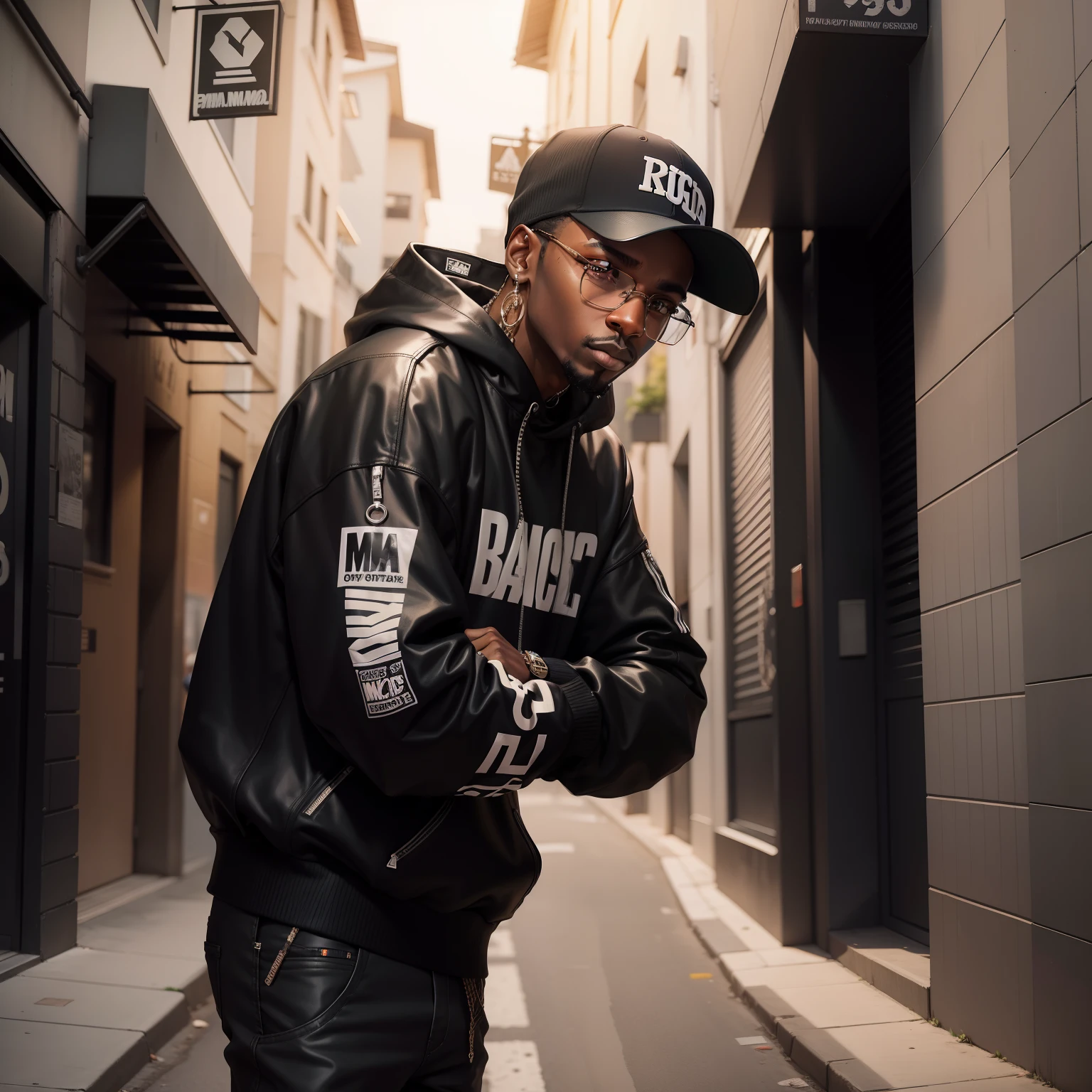 Black man in streetwear style clothes with the essence of hip-hop,em uma rua com muros desenhados com grafite, Full HD,8k