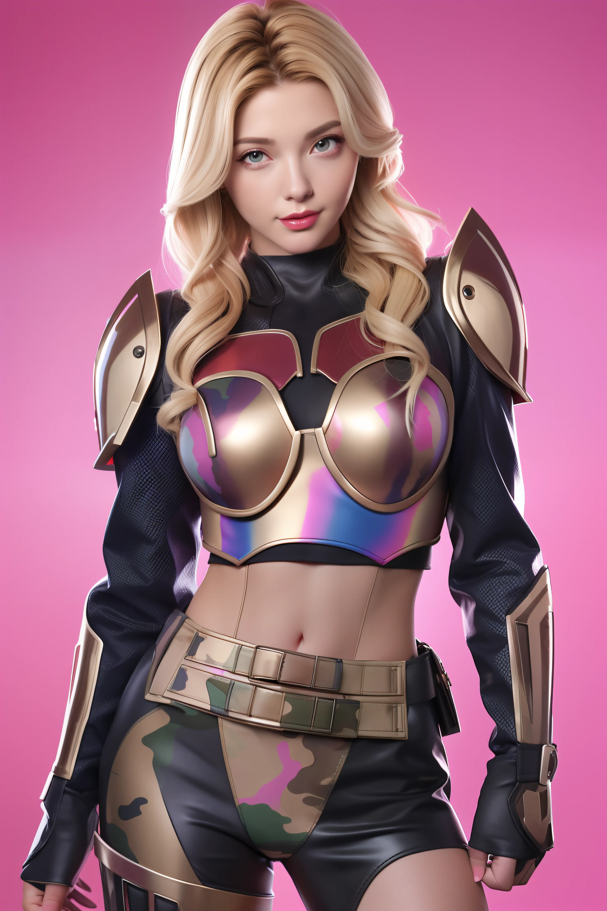 Beautiful Face Woman、a blond、Rainbow camouflage pattern background、 Beautuful Women、18year old、prety woman、hyper realistic photography、High-definition photos、red lipsticks、Mandalorian style miniskirt suit in metal armor、The skin is not very exposed、Do not cut your head off the screen、Camouflage skirt、Facing the front、
