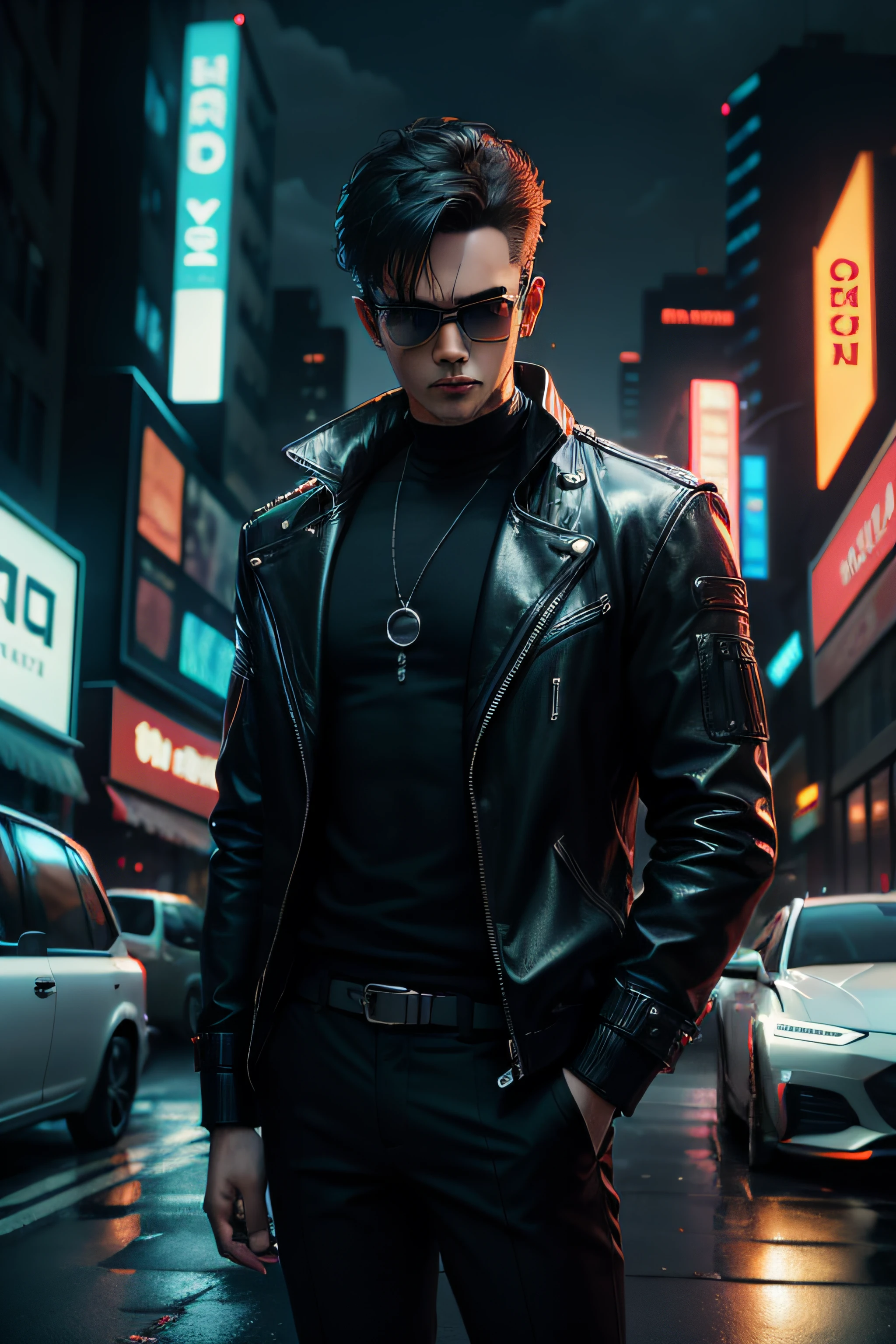 Man cyber, city, dark glasses, neon effect, cars, and drama