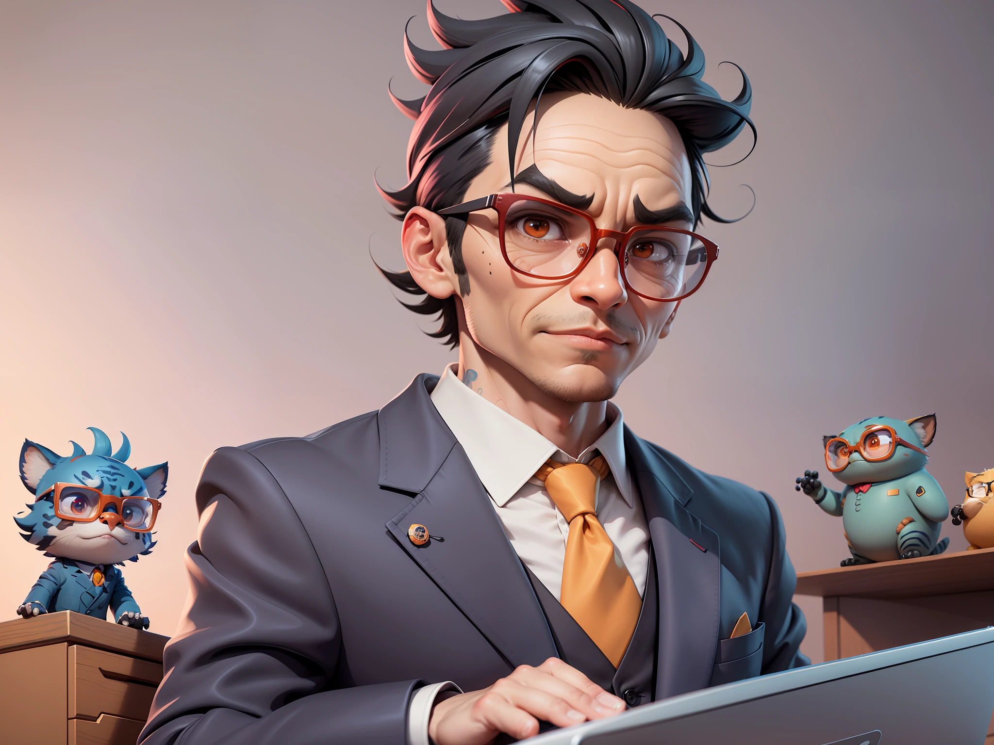 A young man in a suit, Short hair and glasses sat at his desk,holding laptop,digitial painting,tigre,3D character design by Mark Clairen and Pixar and Hayao Miyazaki and Akira Toriyama,4K HD illustration,Very detailed facial features and cartoon-style visuals。