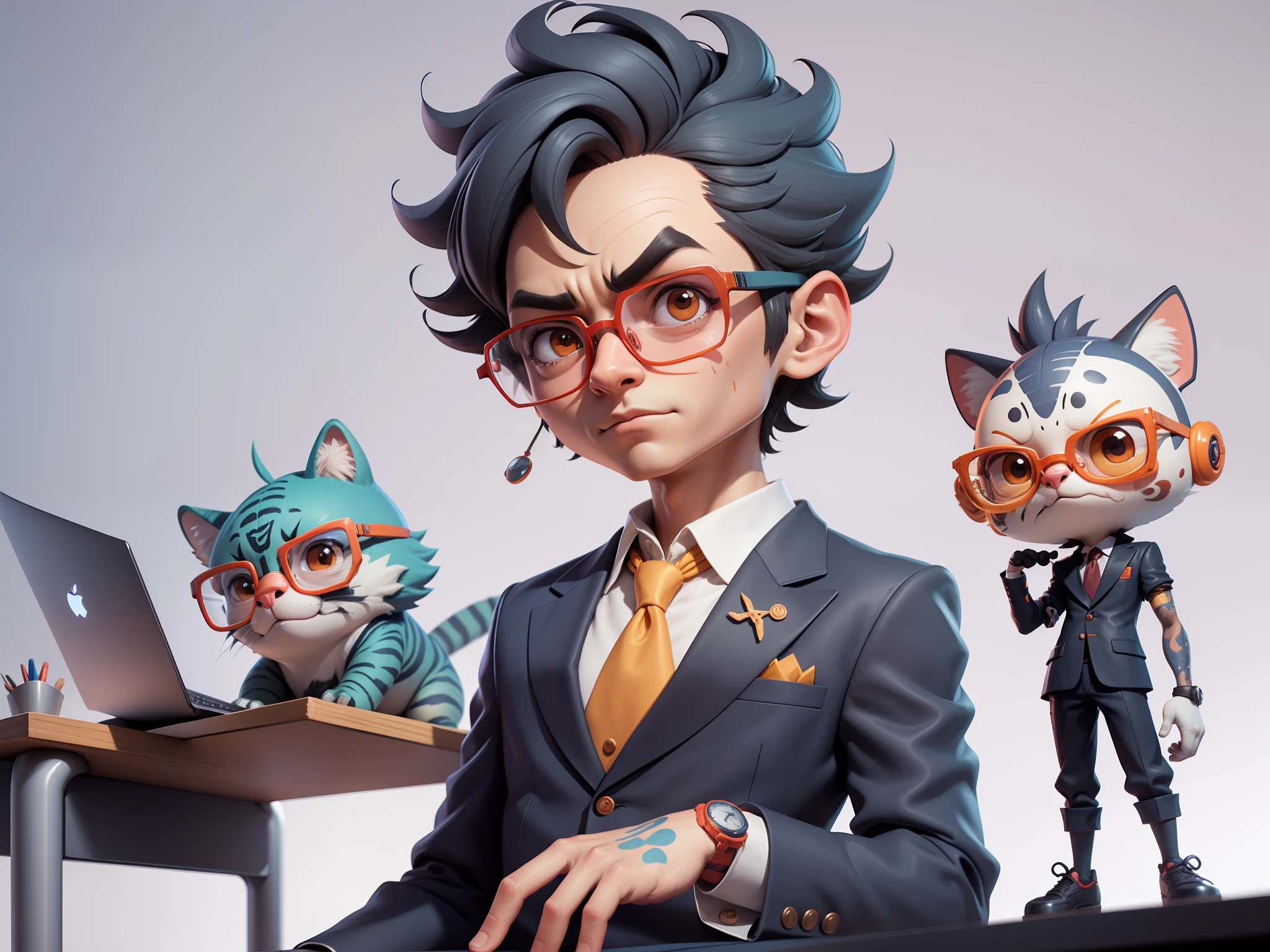 A young man in a suit, Short hair and glasses sat at his desk,holding laptop,digitial painting,tigre,3D character design by Mark Clairen and Pixar and Hayao Miyazaki and Akira Toriyama,4K HD illustration,Very detailed facial features and cartoon-style visuals。