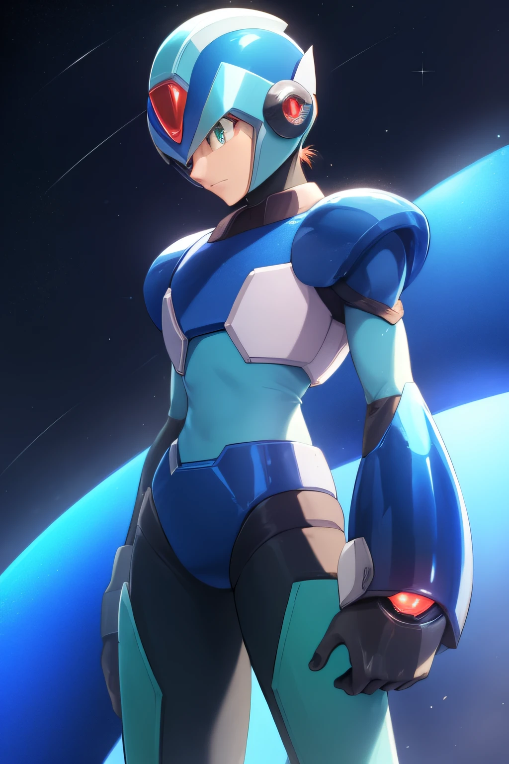 x_megamanx, solo, 1boy, male focus, helmet, android, blue armor, green eyes, masterpiece, high quality, arm cannon,