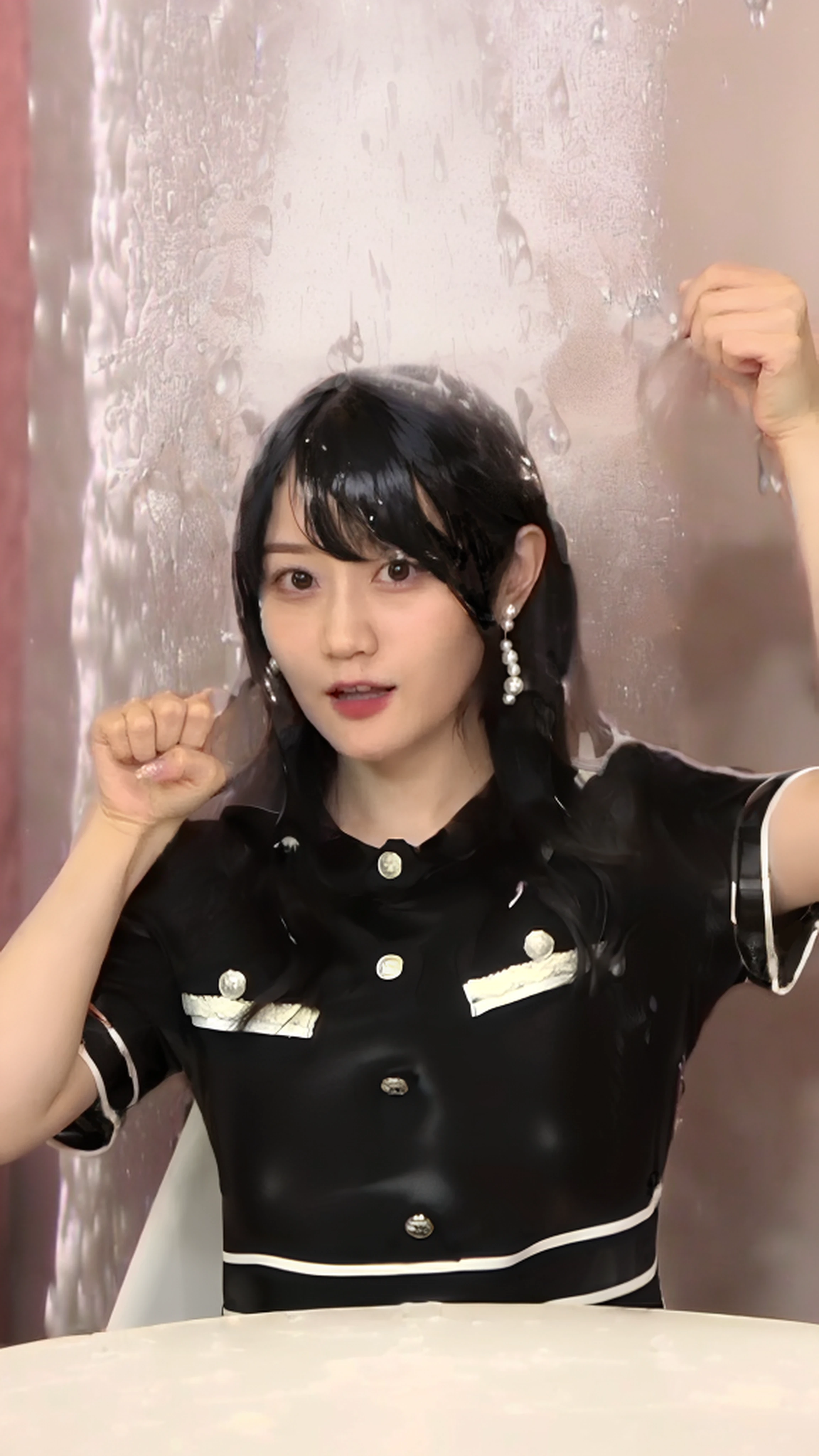 (top-quality, RAW images, realphoto, 16k picture quality, masterpiece), ((Flooded tables, downpours, Splash, Heavy water, a large amount of water falling from above,, Japan variety show punishment game:1.4)),