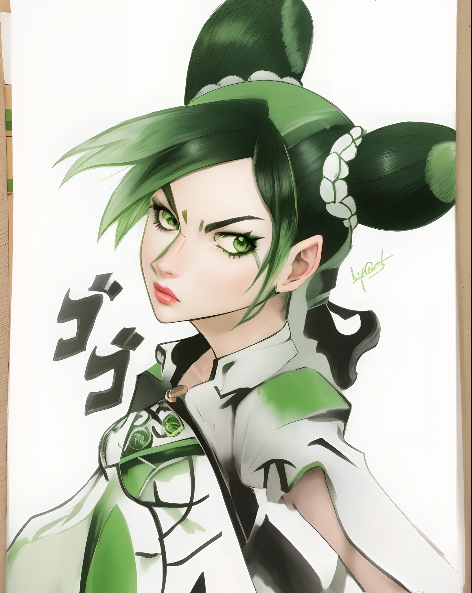 "Create a realistic illustration of a woman with green and black hair, with realistic skin texture and clothes. She should have green eyes and be styled in a Jojo fashion."