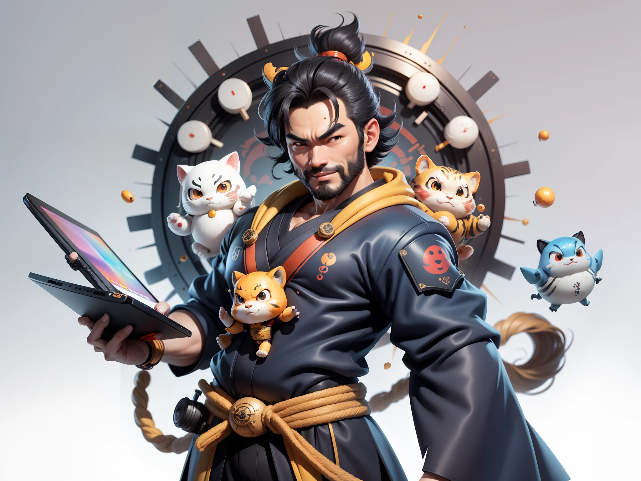 (Daisaku),(Need),(Super meticulous),(full bodyesbian:1.2),Super young man with Japanese geisha，Beautiful，orient，one tiger，Aeolian Thor，Raised sexy，爆乳，Oriental face，TV Anchor，Bust portrait illustration，In black suit，a blue tie，The face is slightly chubby，The face was clean，without a beard，Black super short hair，Black eyes，Smile confidently，3C computer sub-products，iPad， iphone，Digital painting，3D character design by Mark Clairen and Pixar and Hayao Miyazaki and Akira Toriyama，The illustration is a high-definition illustration in 4K resolution，With very detailed facial features and cartoon-style visuals。