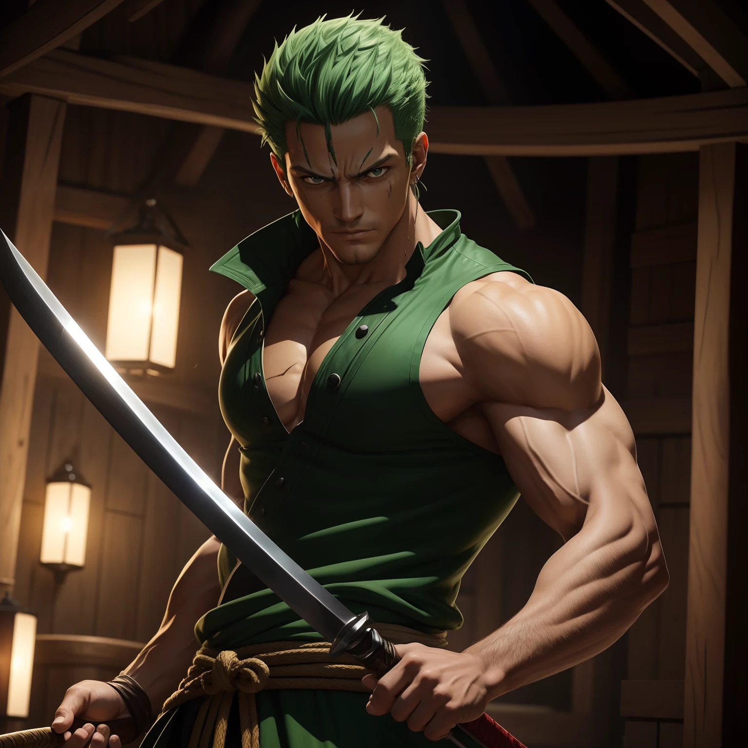 Zoro, one of the iconic characters from the "One Piece" anime, is brought to life in a realistic and immersive environment, captured in high definition 8K quality. With his serious and determined expression, Zoro is portrayed in stunning detail. His sharp eyes and scars on his face are featured in the scene, as he wields his three swords with skill and confidence. Her dark green hair and tanned skin add an extra layer of authenticity to her character. The meticulously adjusted lighting enhances the nuances of your expression and the texture of your clothes. Cada detalhe, from the blades of the swords to the muscles of his arms, is noticeable in high definition, providing an amazing visual experience.