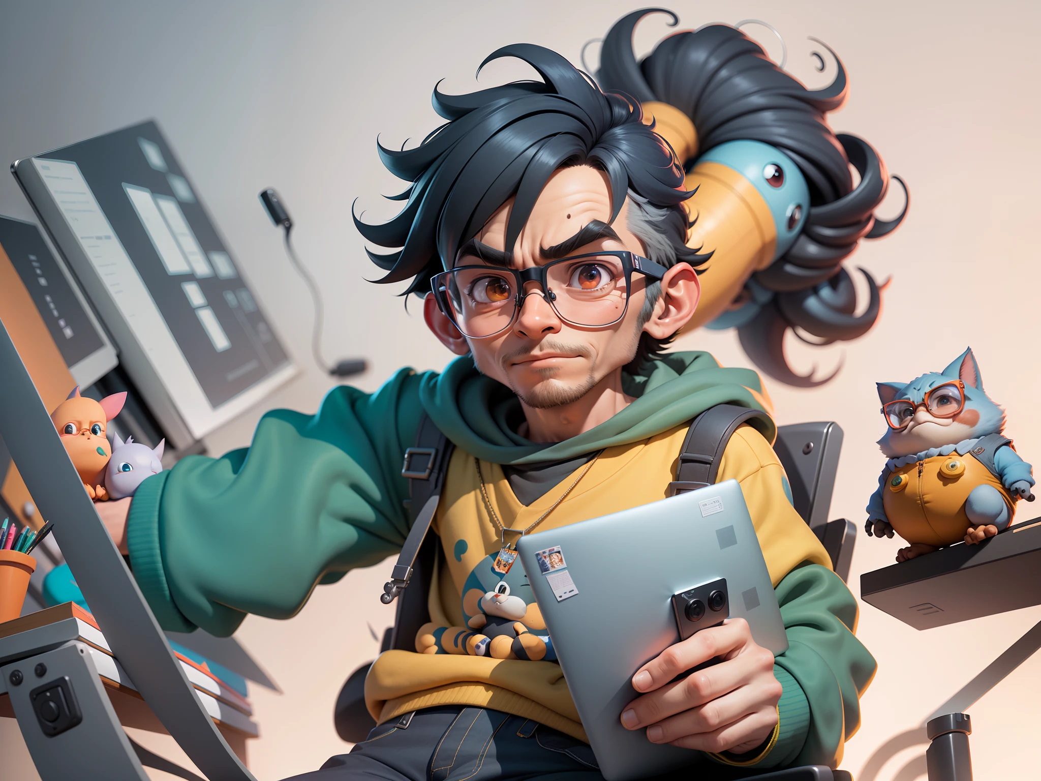 A young man with glasses sits at his desk,holding laptop,digitial painting,3D character design by Mark Clairen and Pixar and Hayao Miyazaki and Akira Toriyama,4K HD illustration,Very detailed facial features and cartoon-style visuals。