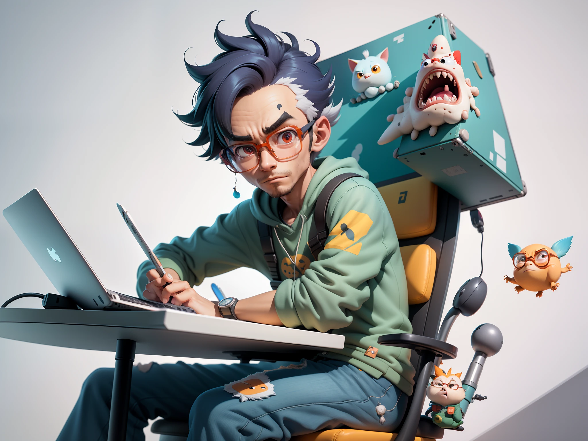 A young man with glasses sits at his desk，holding laptop，digitial painting，3D character design by Mark Clairen and Pixar and Hayao Miyazaki and Akira Toriyama，4K HD illustration，Very detailed facial features and cartoon-style visuals。