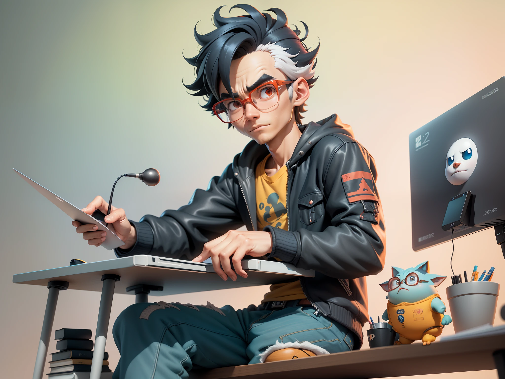 A young man with glasses sits at his desk，holding laptop，digitial painting，3D character design by Mark Clairen and Pixar and Hayao Miyazaki and Akira Toriyama，4K HD illustration，Very detailed facial features and cartoon-style visuals。