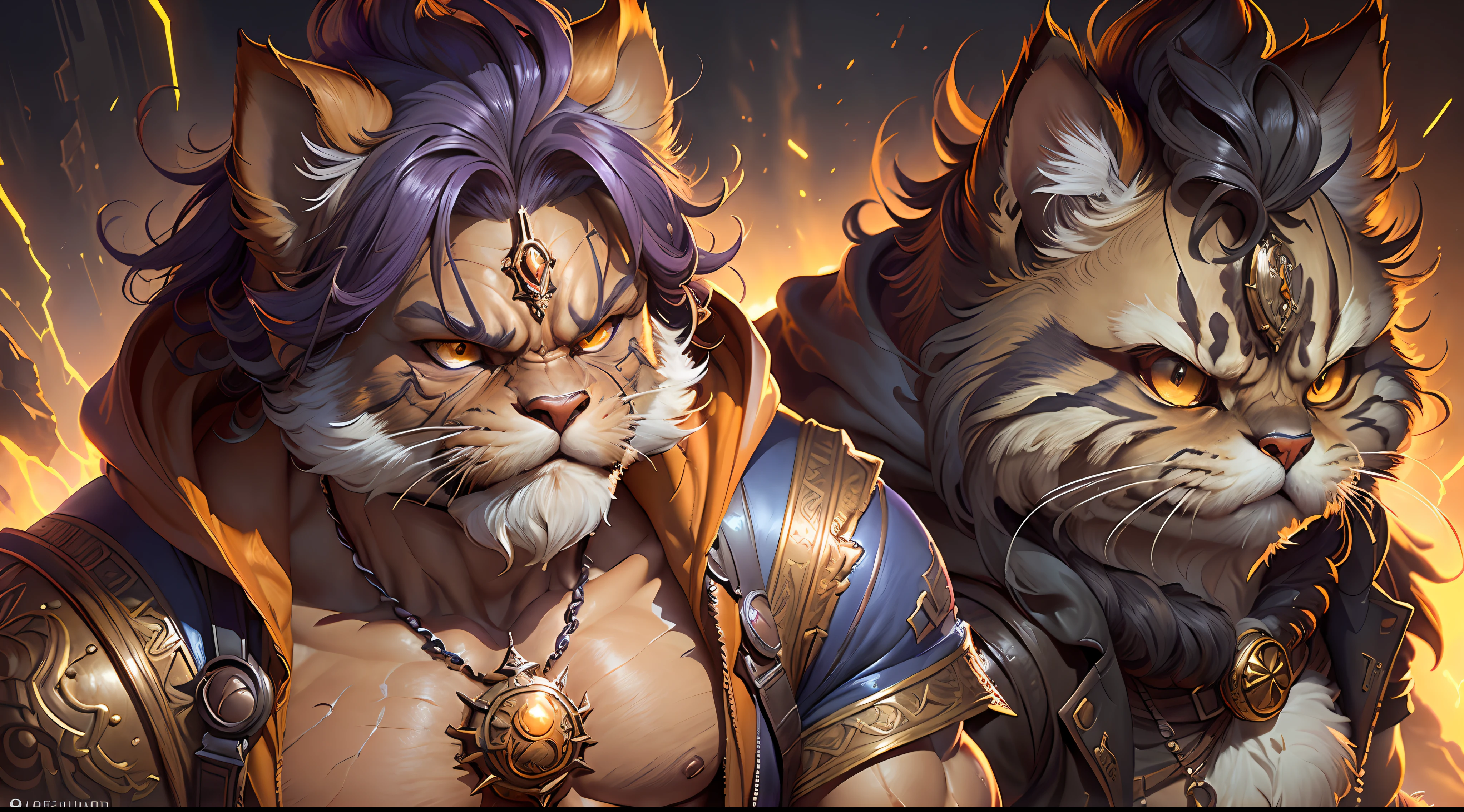 Hyperdetailed Painting, Jean-Baptiste Monge Style, persian cat Anthropomorphic, steampunk ,, , (extremely intricate robes, magical robes orange and purple), (extremely detailed background), ((dynamic background)), ((lightning)), (light rays), ,, , highest quality,, very angry face, body fitness, full body, long hair with braids , stands imposing in an ancient lost city. , stands imposing in an ancient lost city. Chiseled perfect body, insanely handsome and masculine face. Sunlight highlights his muscles and scars. The scenery is lush and mysterious, with ruins and vegetation. The camera details everything.