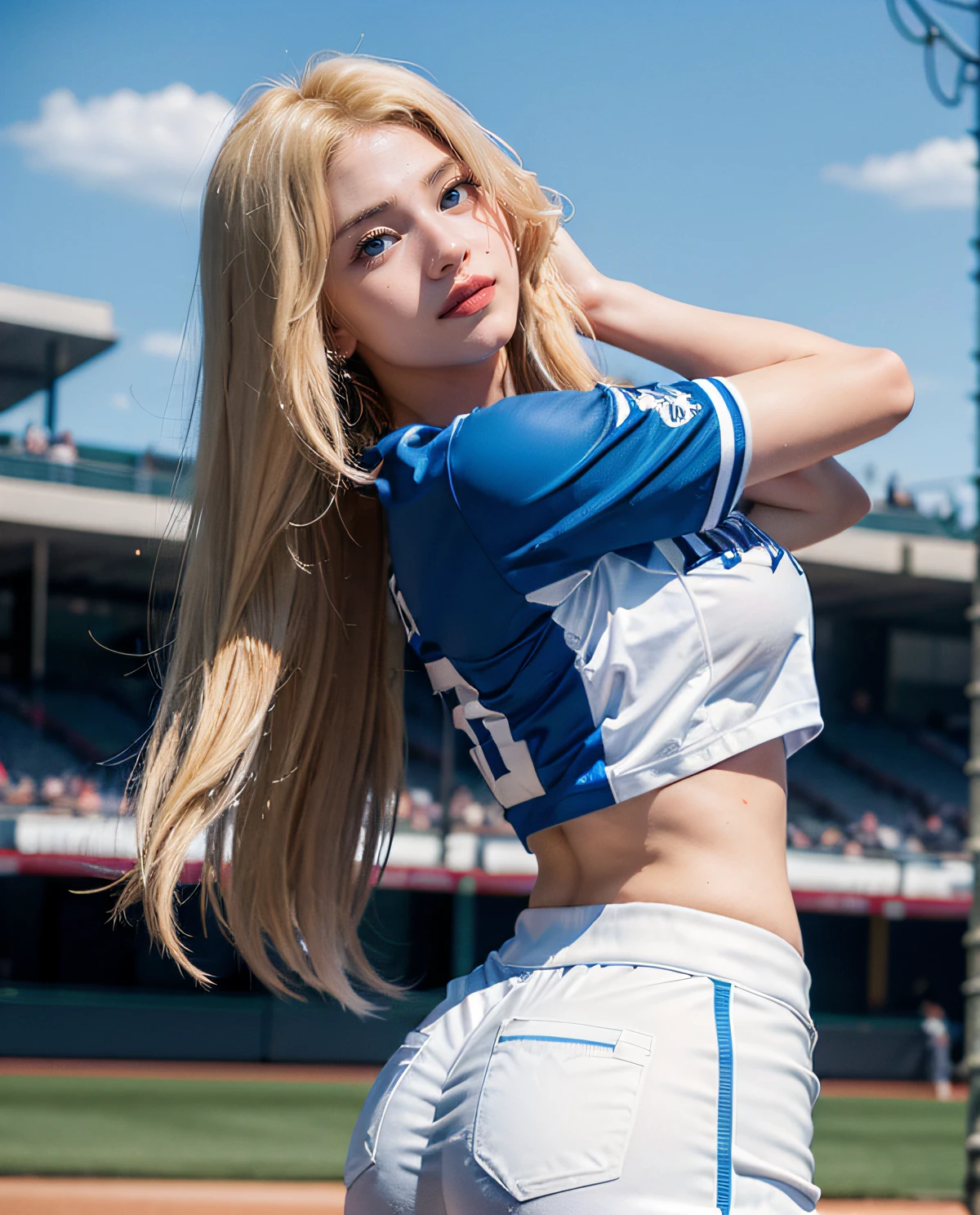 1girl, ((Blue Eyes)), smiley face, ((Sana Minatozaki)), wide hips, Big Boobs, big ass, (Best Quality, 8k, Masterpiece: 1.3)) ) , Clear Focus: 1.2, Perfect Body Beauty : 1.4, Slender Abs: 1.2, Wet Body: 1.5, Highly detailed face and skin texture, detailed eyes, double eyelids, (long blonde hair), (baseball jersey), (baseball pants), standing on a baseball field, grandstands in the background