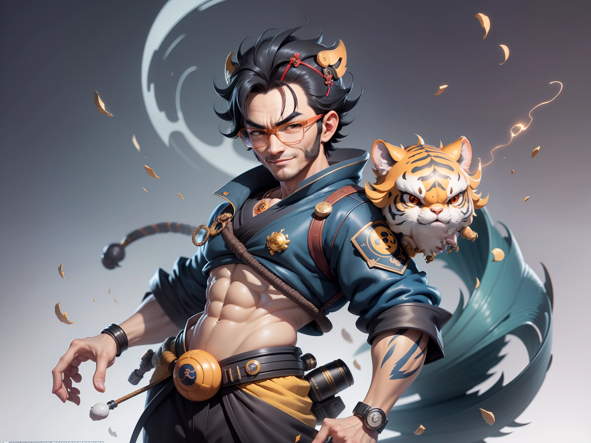 (Masterpiece), (Excellent), (Super Meticulous), (Full Body: 1.2), Super Young Man with Japanese Female Geisha, Pretty, Beautiful, Chinese Dragon, Tiger, Wind God Thor, Sexy, Bursting, Oriental Face, TV Anchor, Bust Portrait Illustration, Black Suit, Blue Tie, Slightly Chubby Face, Silver Glasses, Very Clean Face, No Beard on Chin, Black Super Short Hair, Black Eyes, Confident Smile, 3c Computer Sub-Products, iPad, iPhone, Digital Painting, 3D character design by Mark Clairedon and Pixar and Hayao Miyazaki and Akira Toriyama, the illustrations are HD illustrations in 4K resolution with highly detailed facial features and cartoon-style visuals.