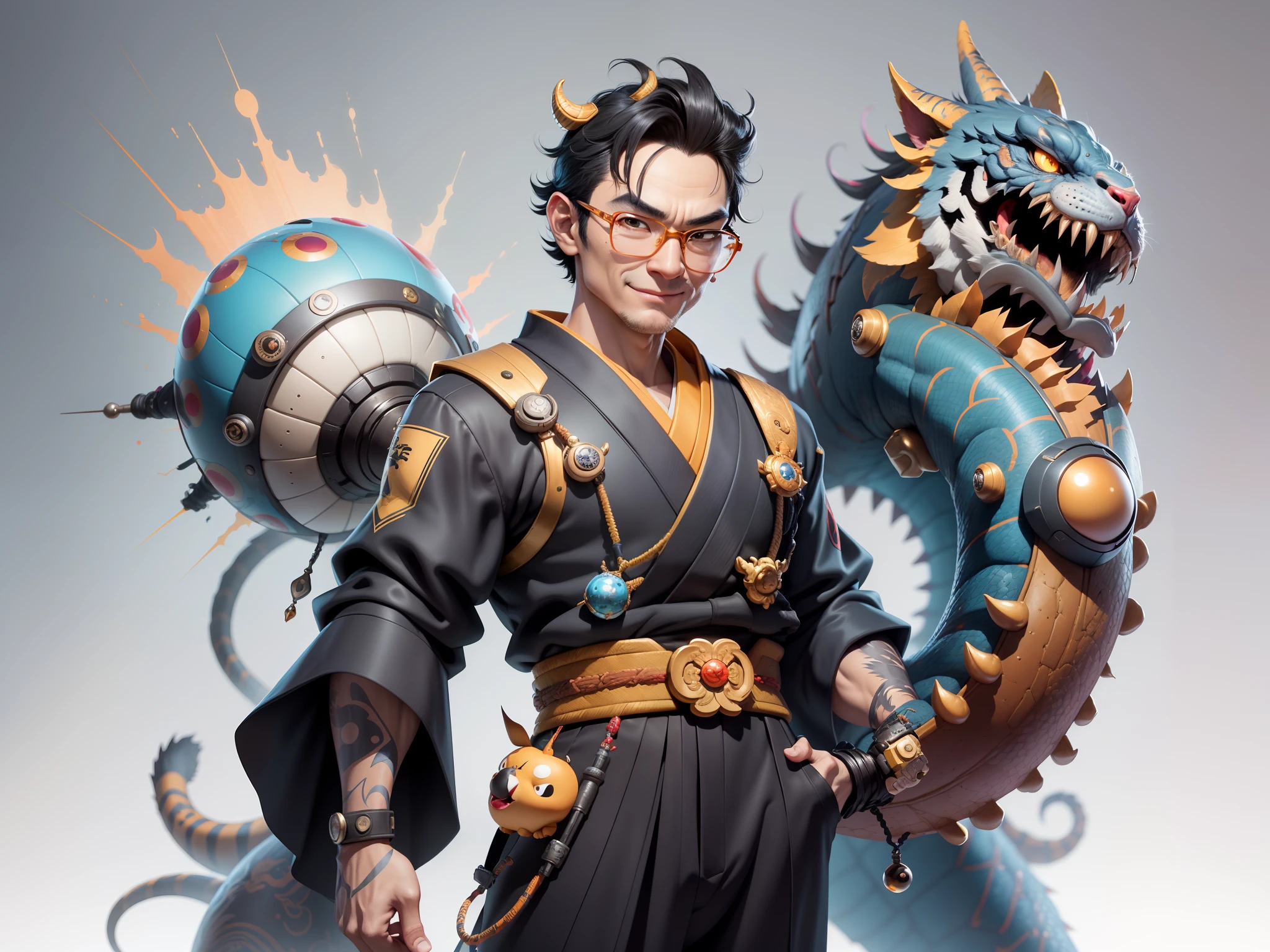 (Masterpiece), (Excellent), (Super Meticulous), (Full Body: 1.2), Super Young Man with Japanese Female Geisha, Pretty, Beautiful, Chinese Dragon, Tiger, Wind God Thor, Sexy, Bursting, Oriental Face, TV Anchor, Bust Portrait Illustration, Black Suit, Blue Tie, Slightly Chubby Face, Silver Glasses, Very Clean Face, No Beard on Chin, Black Super Short Hair, Black Eyes, Confident Smile, 3c Computer Sub-Products, iPad, iPhone, Digital Painting, 3D character design by Mark Clairedon and Pixar and Hayao Miyazaki and Akira Toriyama, the illustrations are HD illustrations in 4K resolution with highly detailed facial features and cartoon-style visuals.