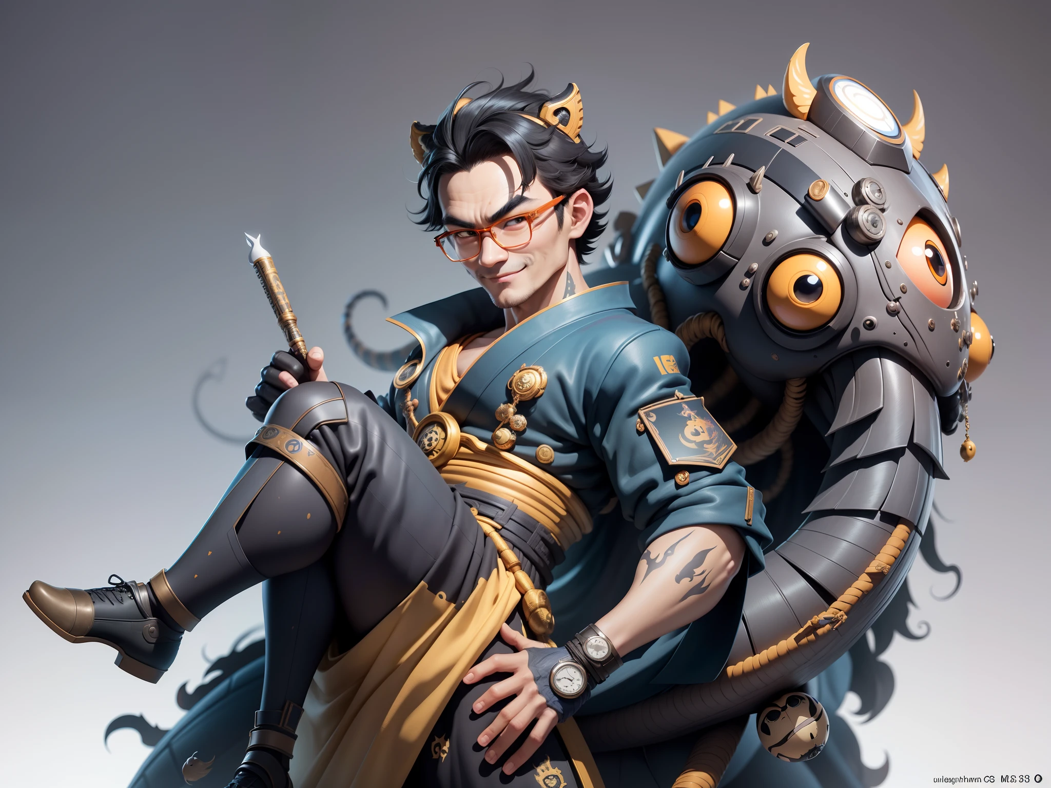 (Masterpiece), (Excellent), (Super Meticulous), (Full Body: 1.2), Super Young Man with Japanese Female Geisha, Pretty, Beautiful, Chinese Dragon, Tiger, Wind God Thor, Sexy, Bursting, Oriental Face, TV Anchor, Bust Portrait Illustration, Black Suit, Blue Tie, Slightly Chubby Face, Silver Glasses, Very Clean Face, No Beard on Chin, Black Super Short Hair, Black Eyes, Confident Smile, 3c Computer Sub-Products, iPad, iPhone, Digital Painting, 3D character design by Mark Clairedon and Pixar and Hayao Miyazaki and Akira Toriyama, the illustrations are HD illustrations in 4K resolution with highly detailed facial features and cartoon-style visuals.