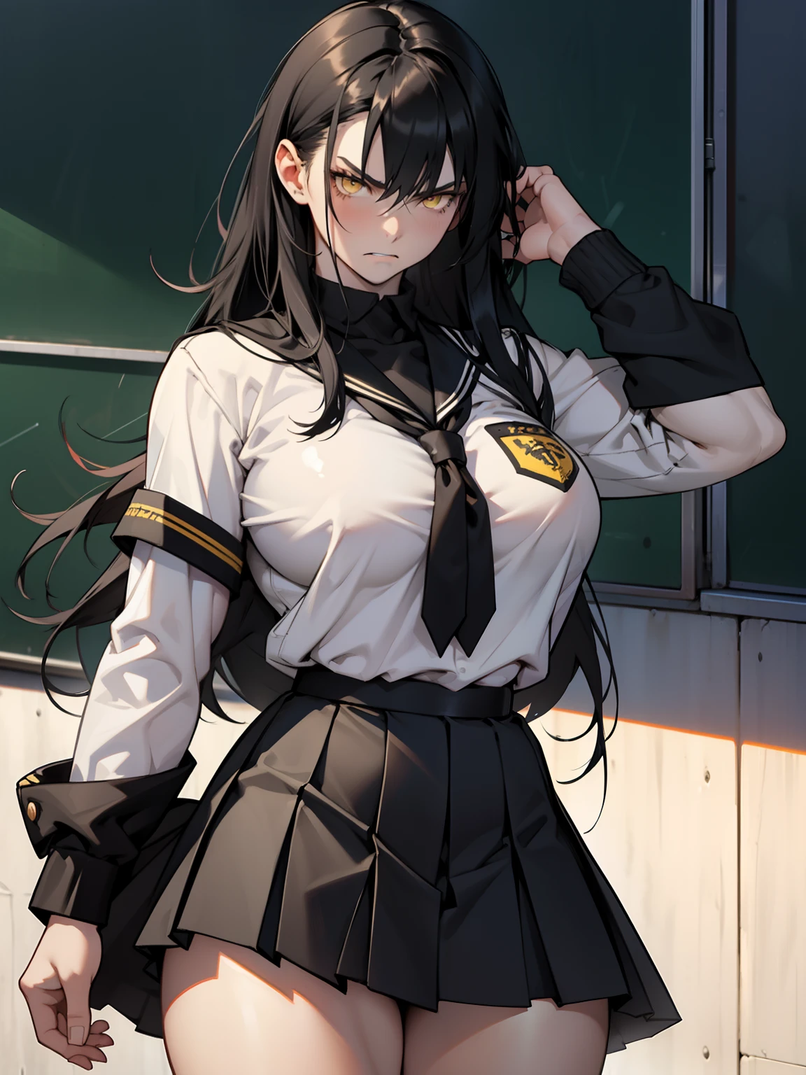 (1girl), black hair, extremely long hair, yellow eyes, (((muscular))), (huge breasts), (thick thighs), solo, angry, (pale skin), cowboy shot, (school uniform)